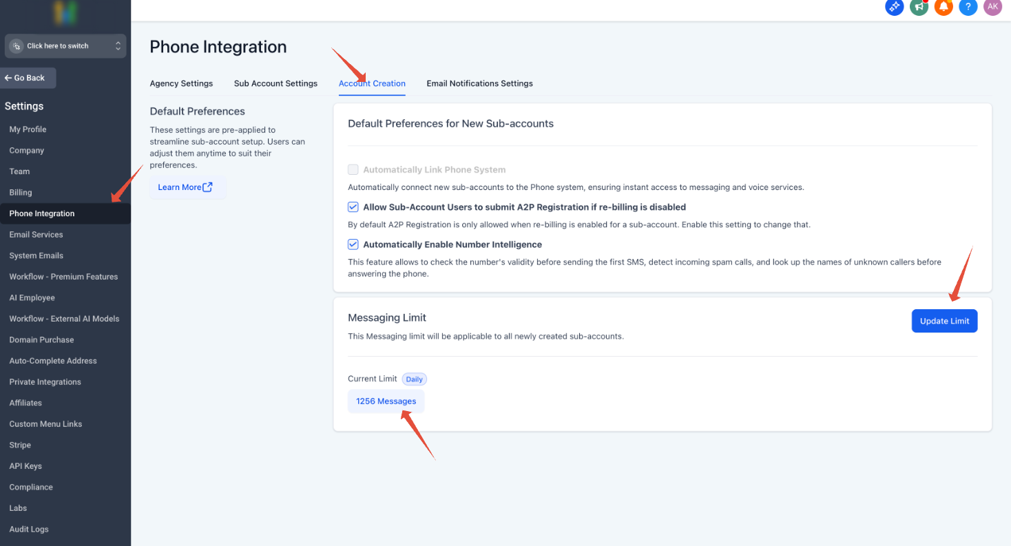 Agency Dashboard messaging limit configuration screen