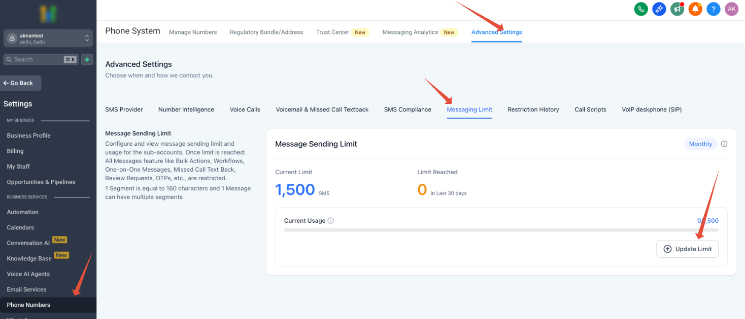 Sub-account Advanced Settings message limit field