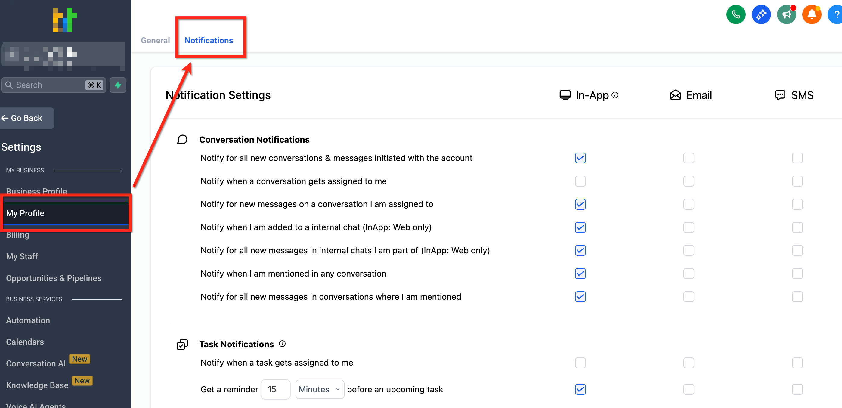 Navigating to Settings, My Profile, Notifications