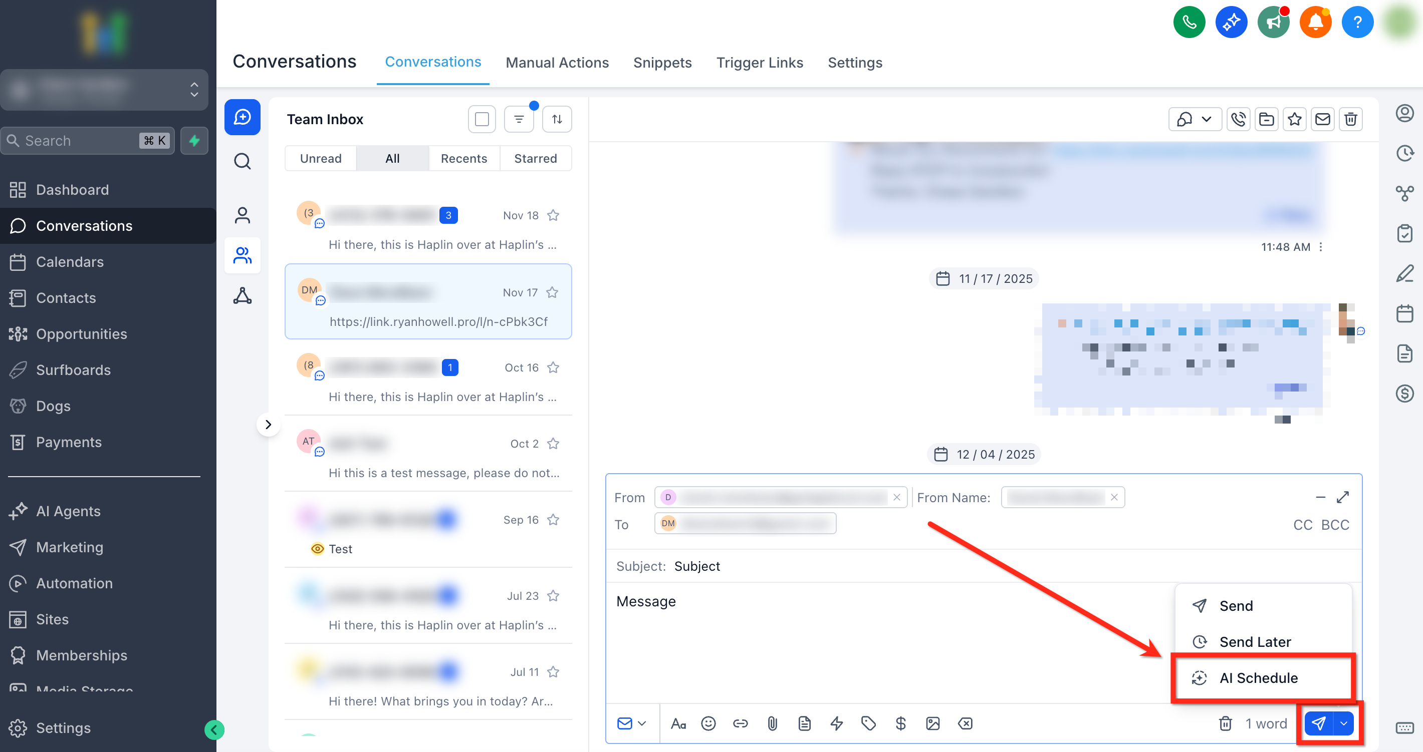 Send menu open with AI Schedule option highlighted