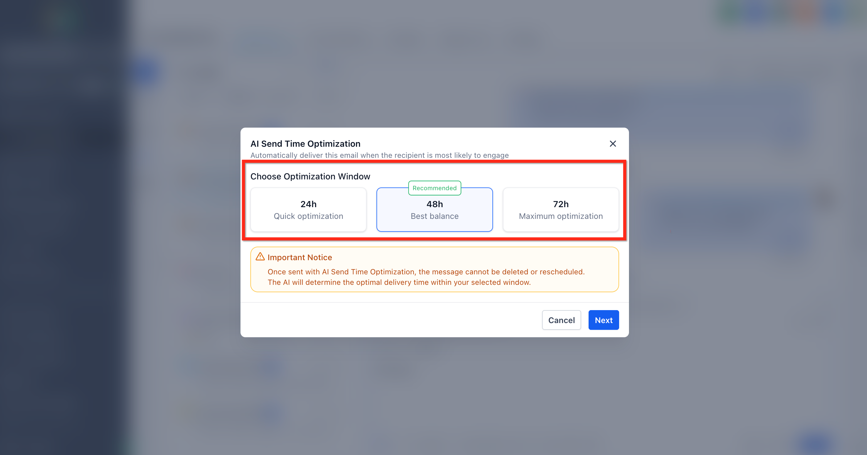 Optimization window selection screen with 12h, 48h, and 72h options and a Next button
