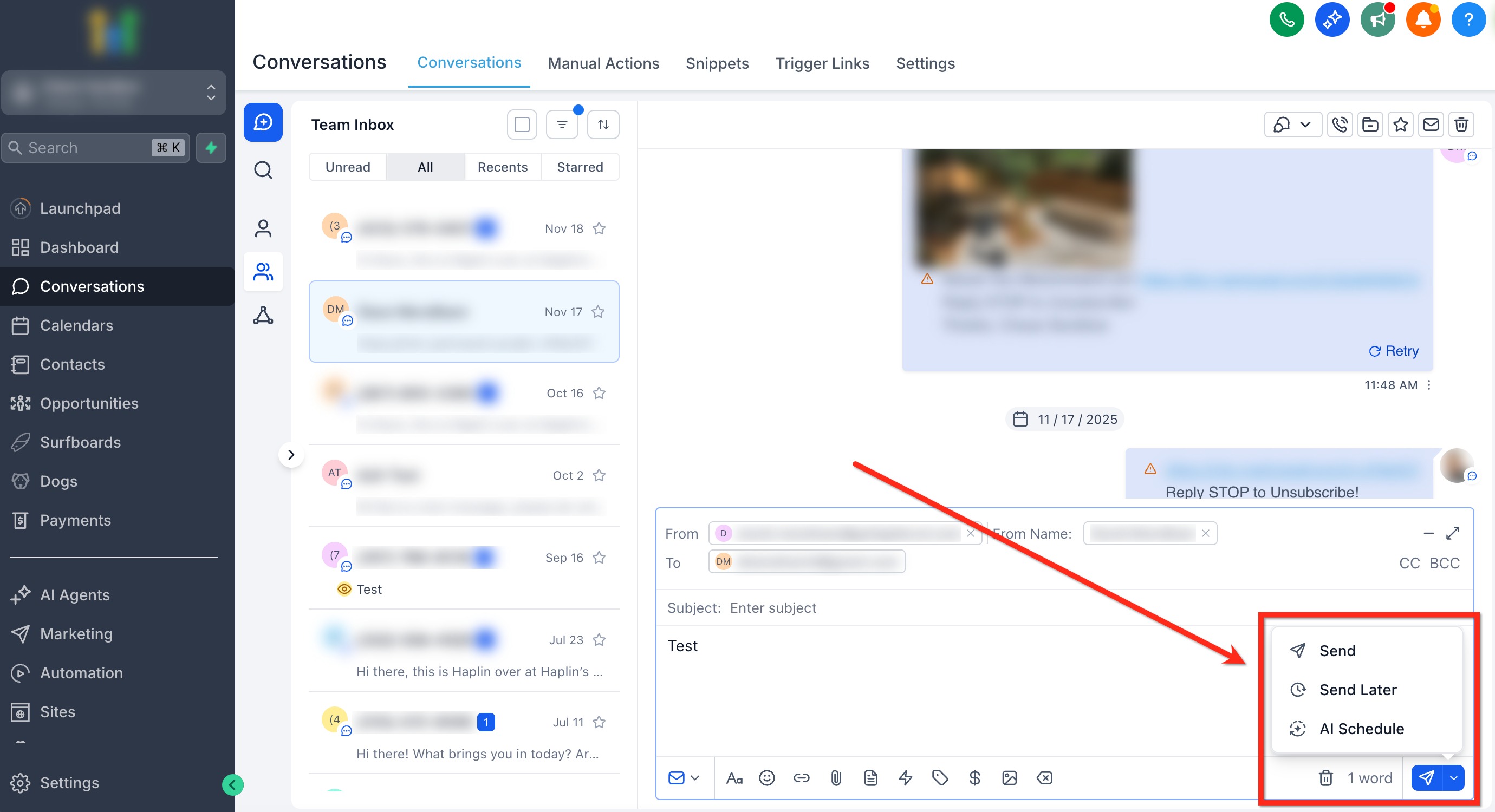 AI Schedule option shown in the Conversations email composer alongside Send Now and Send Later