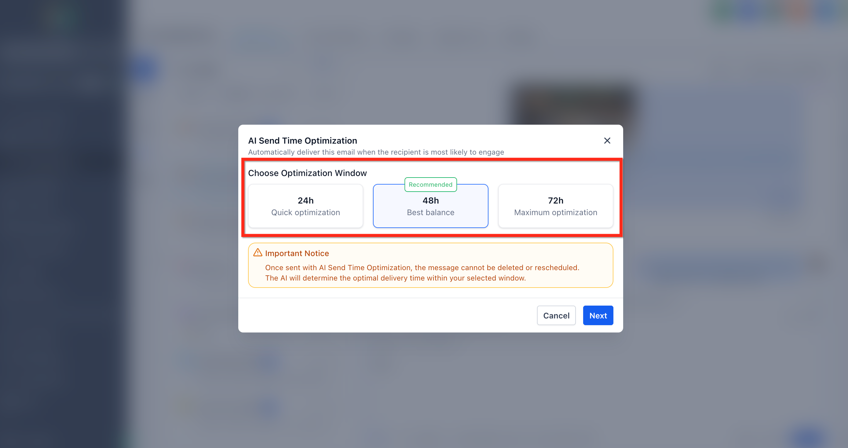 Optimization window selector showing 12h, 48h, and 72h options
