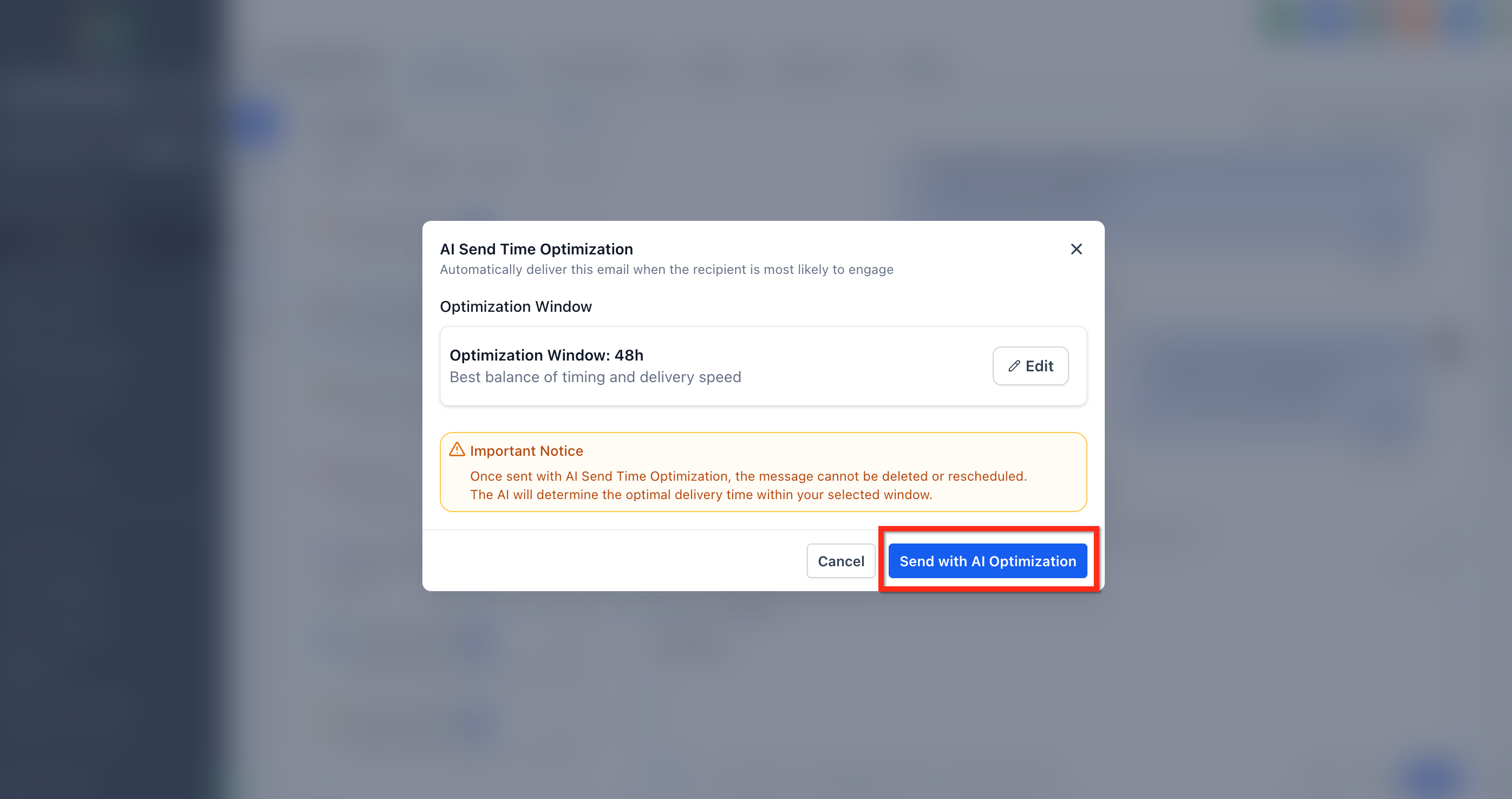 Confirmation screen showing the Send with AI Optimization button