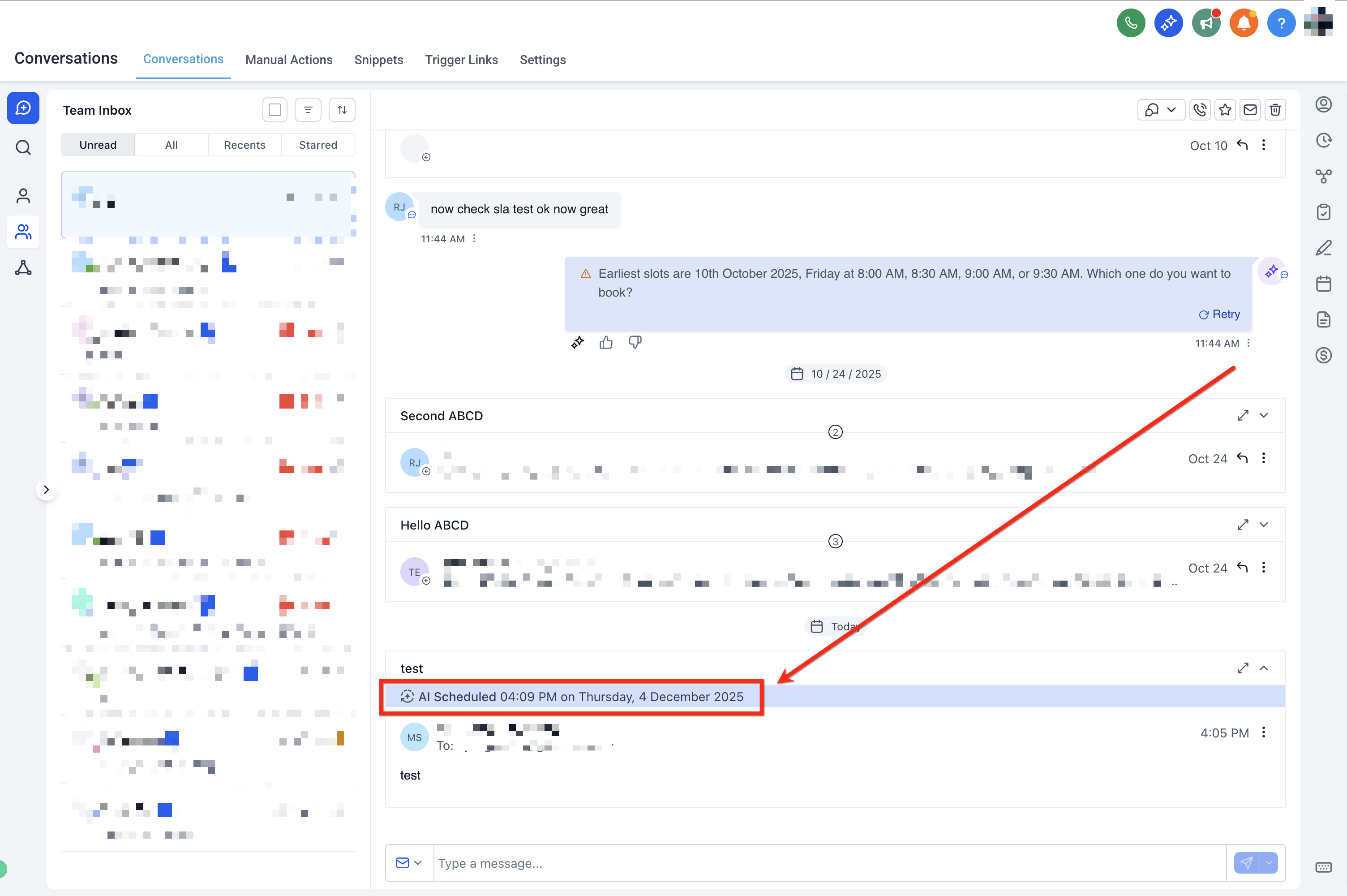 Conversation thread showing the scheduled send time displayed above the queued message