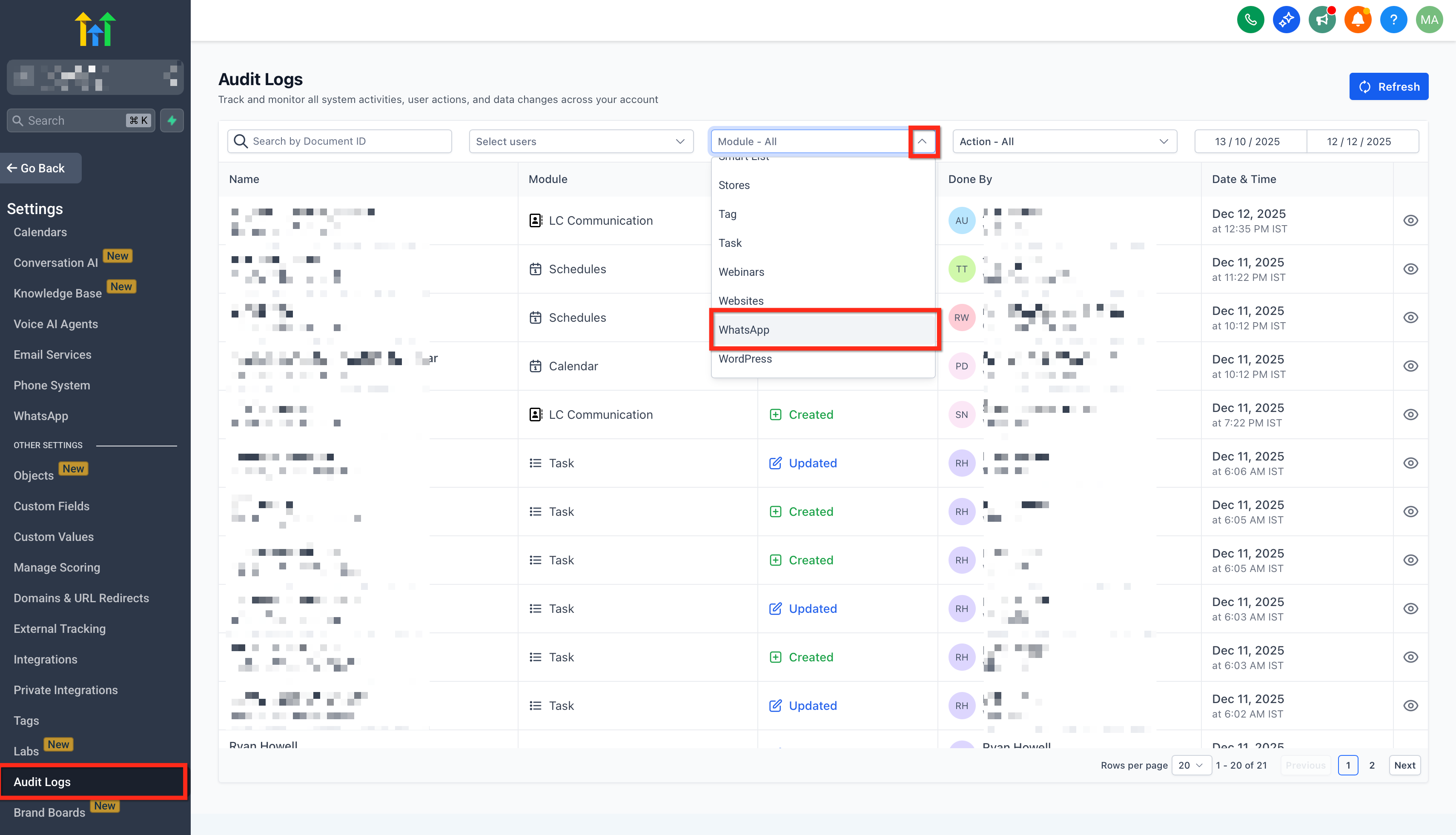 Using search and Module filter to find WhatsApp activity