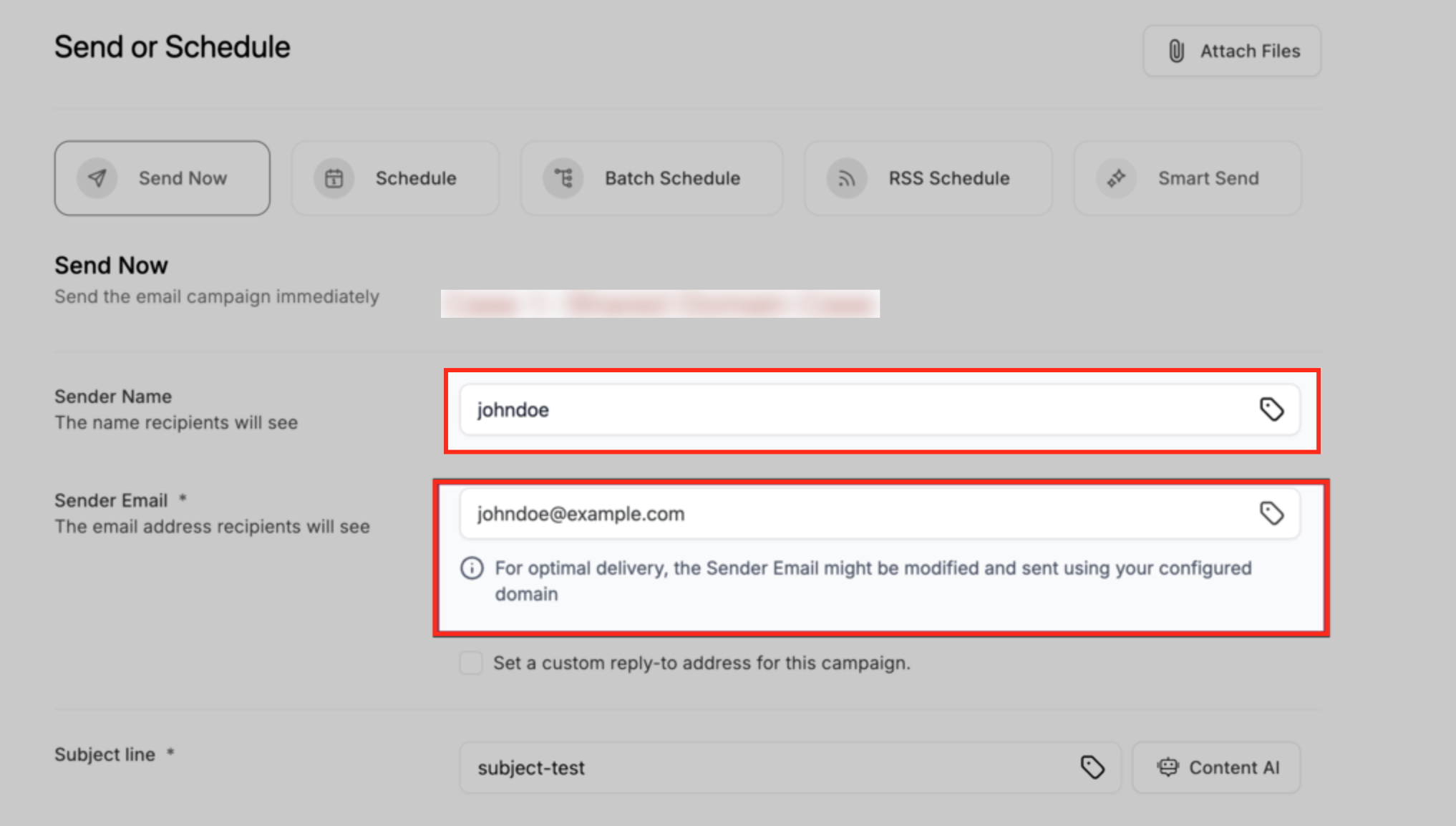 Sender Details section showing Sender Name and Sender Email