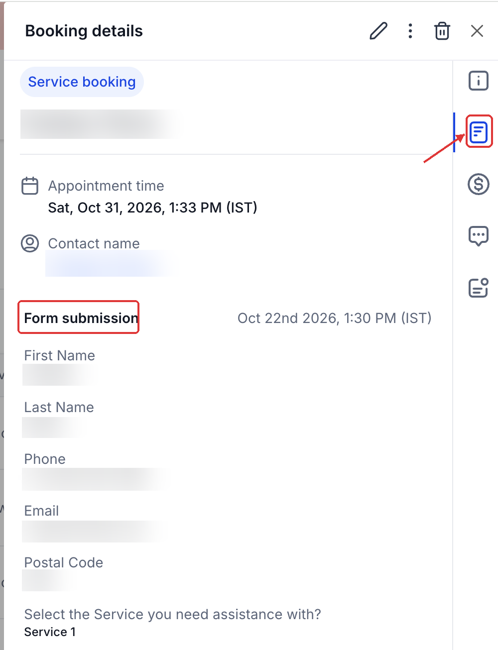 Service Booking details panel displaying the Form submission control and submitted answers
