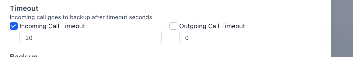 Incoming Call Timeout configured for 20 seconds