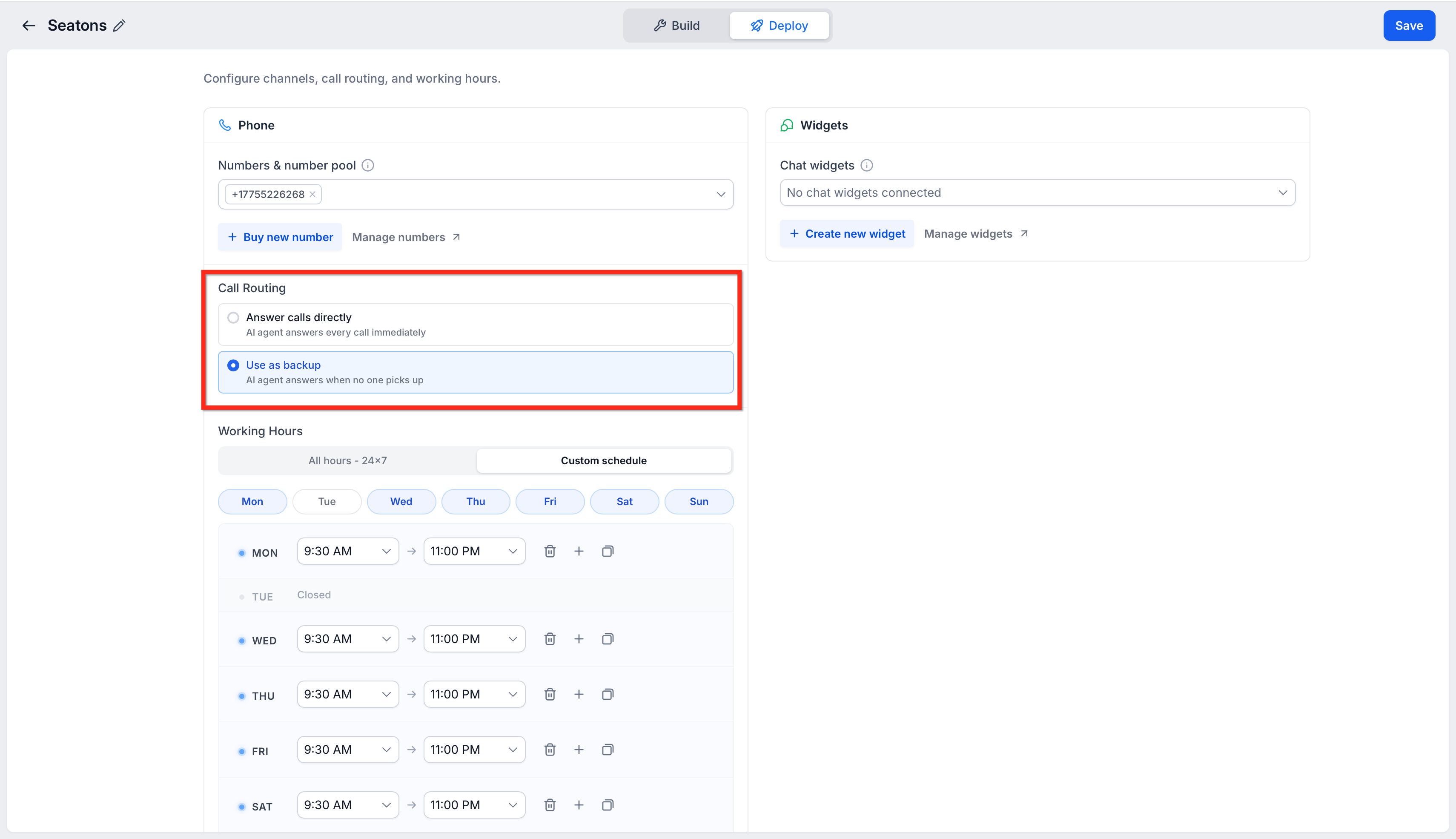 Voice AI Deploy screen showing Answer calls directly and Use as backup