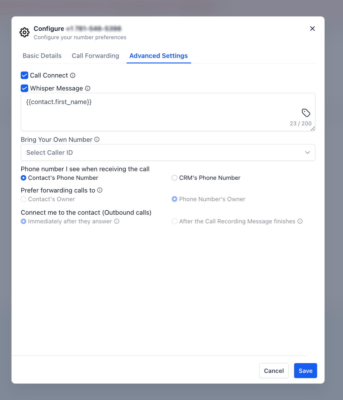 Advanced Settings showing Contact's Owner and Phone Number's Owner routing preferences