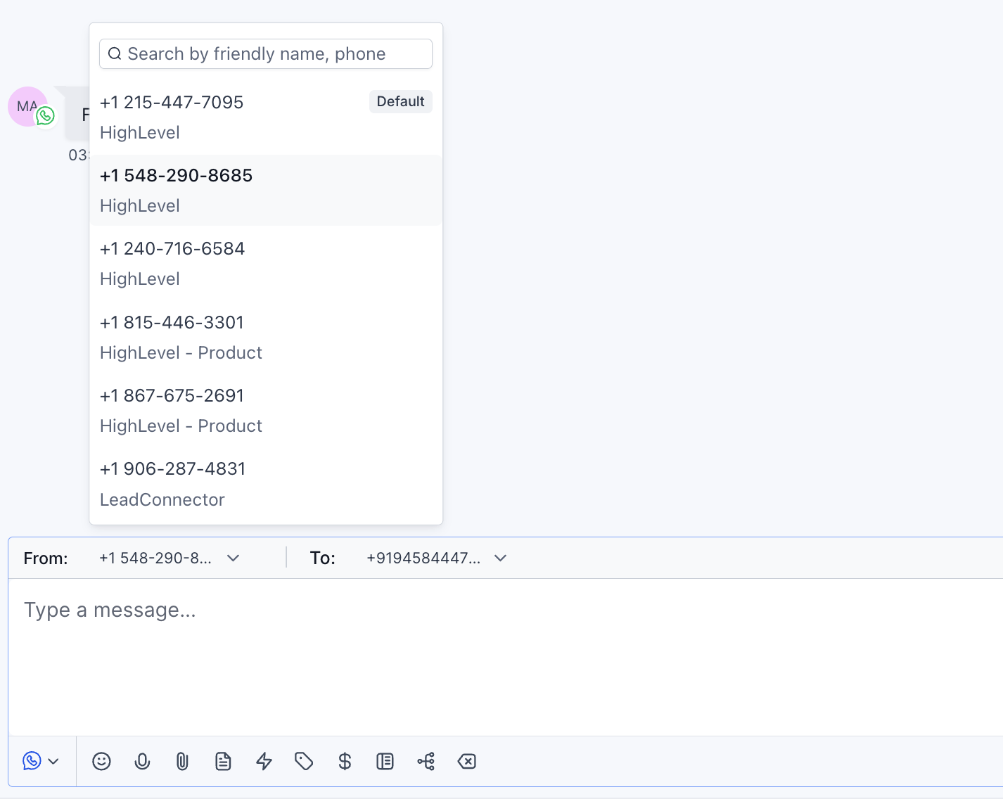 WhatsApp From number shown in the composer