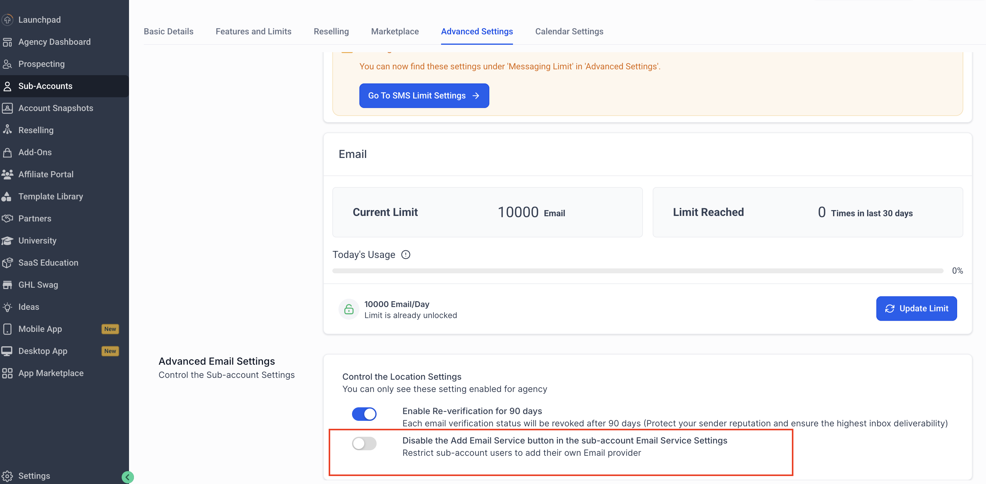 Toggling the Add Email Service button for an individual sub-account