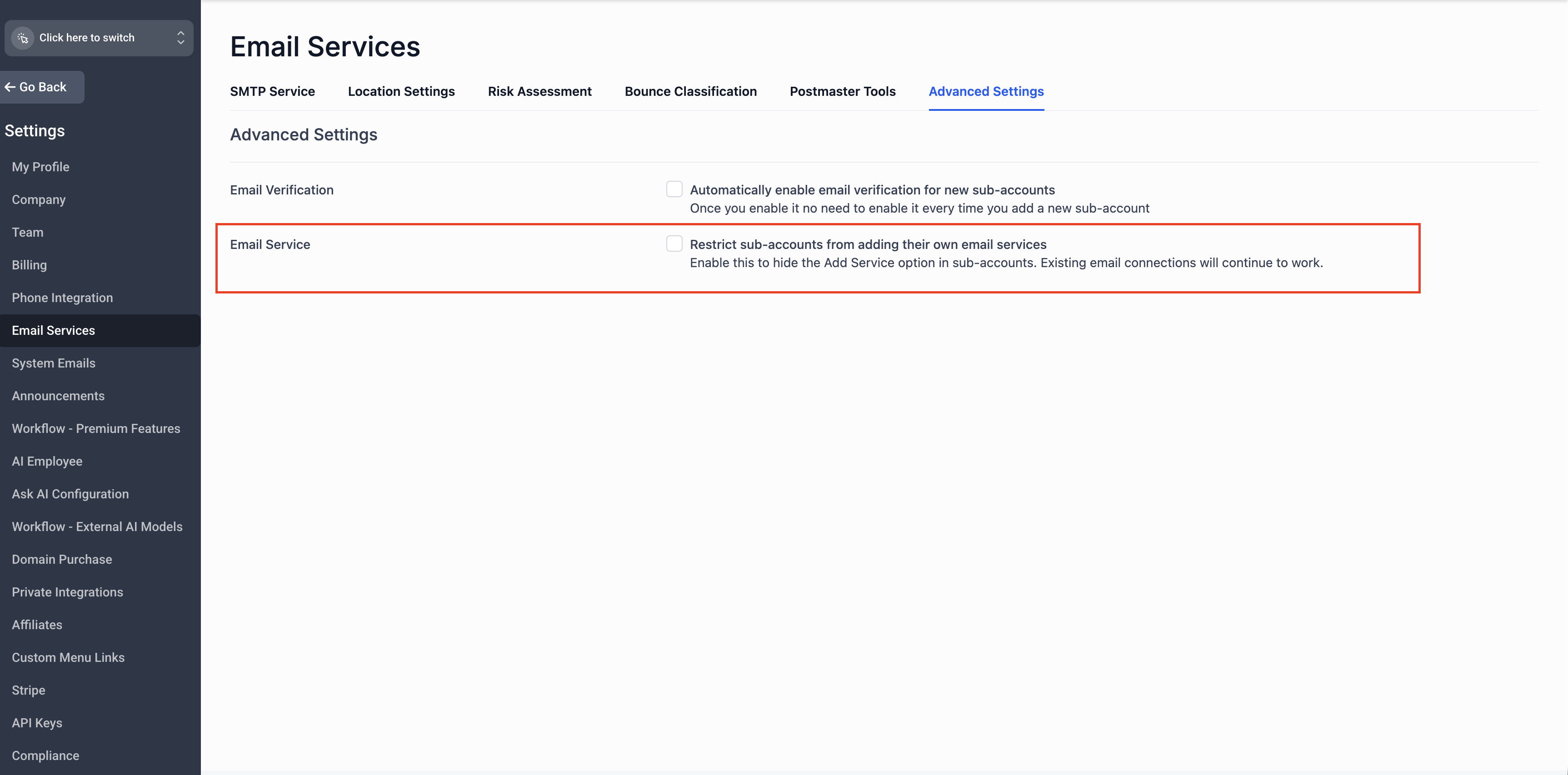 The new Email Services control toggle under Agency Settings