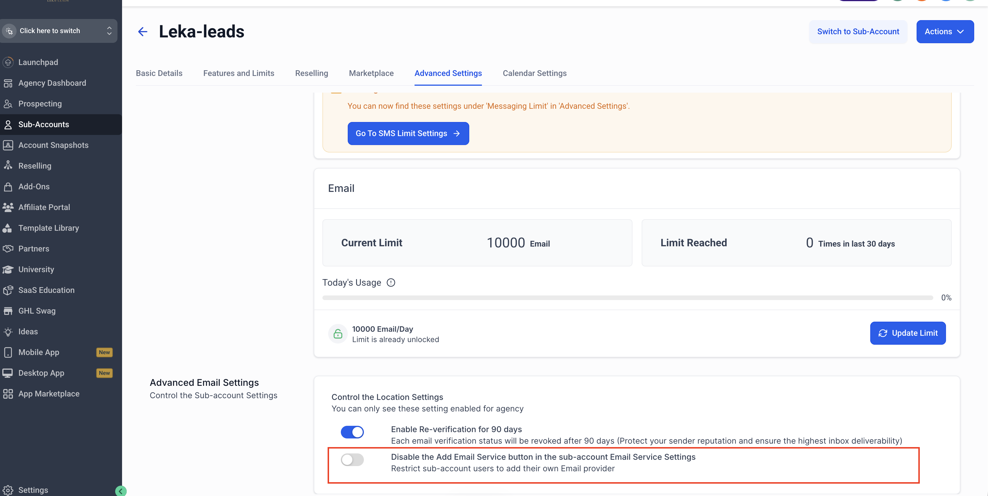How the Email Services toggle affects sub-account visibility