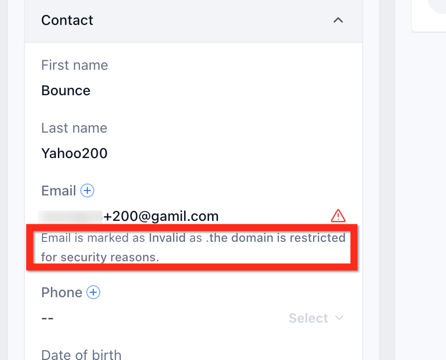 Inline warning under the contact's Email field showing the restricted-domain block message