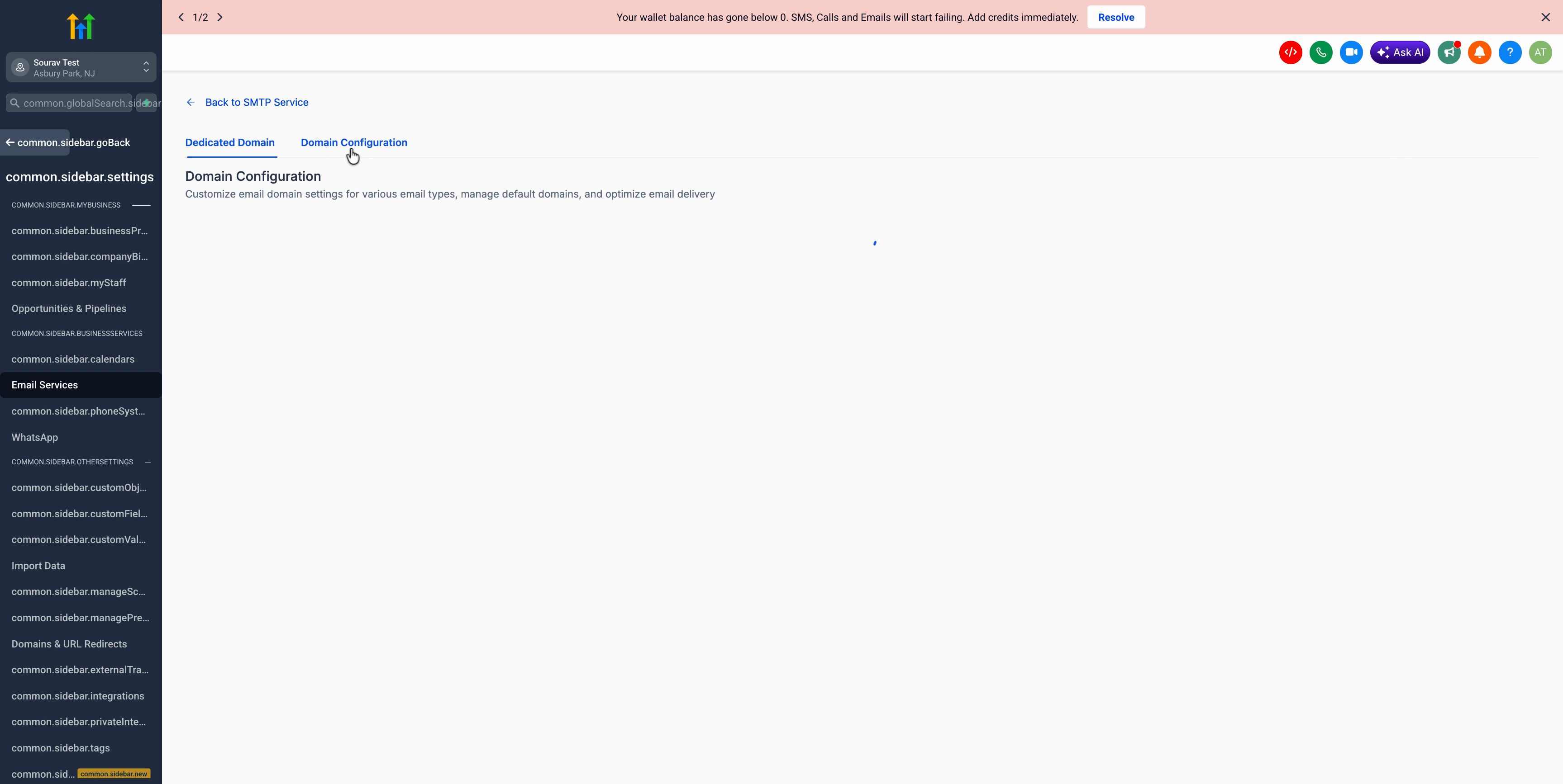 Domain Configurator menu with the affected domain selected