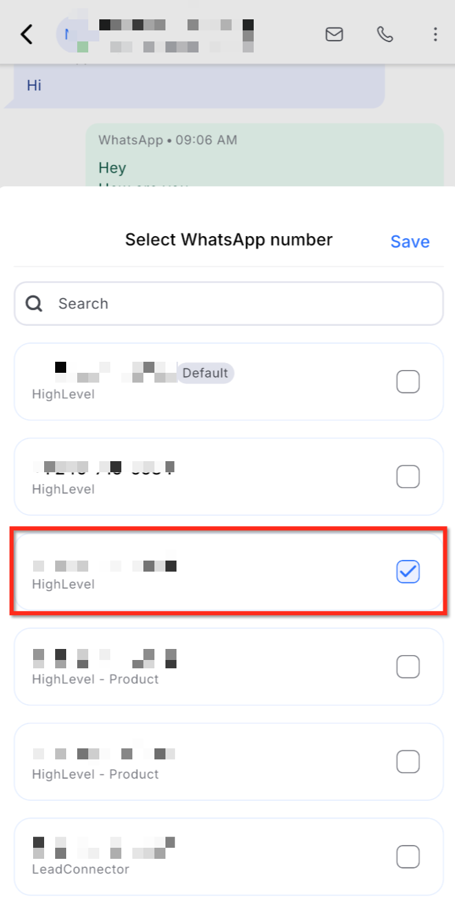 Selecting the WhatsApp From number in the composer
