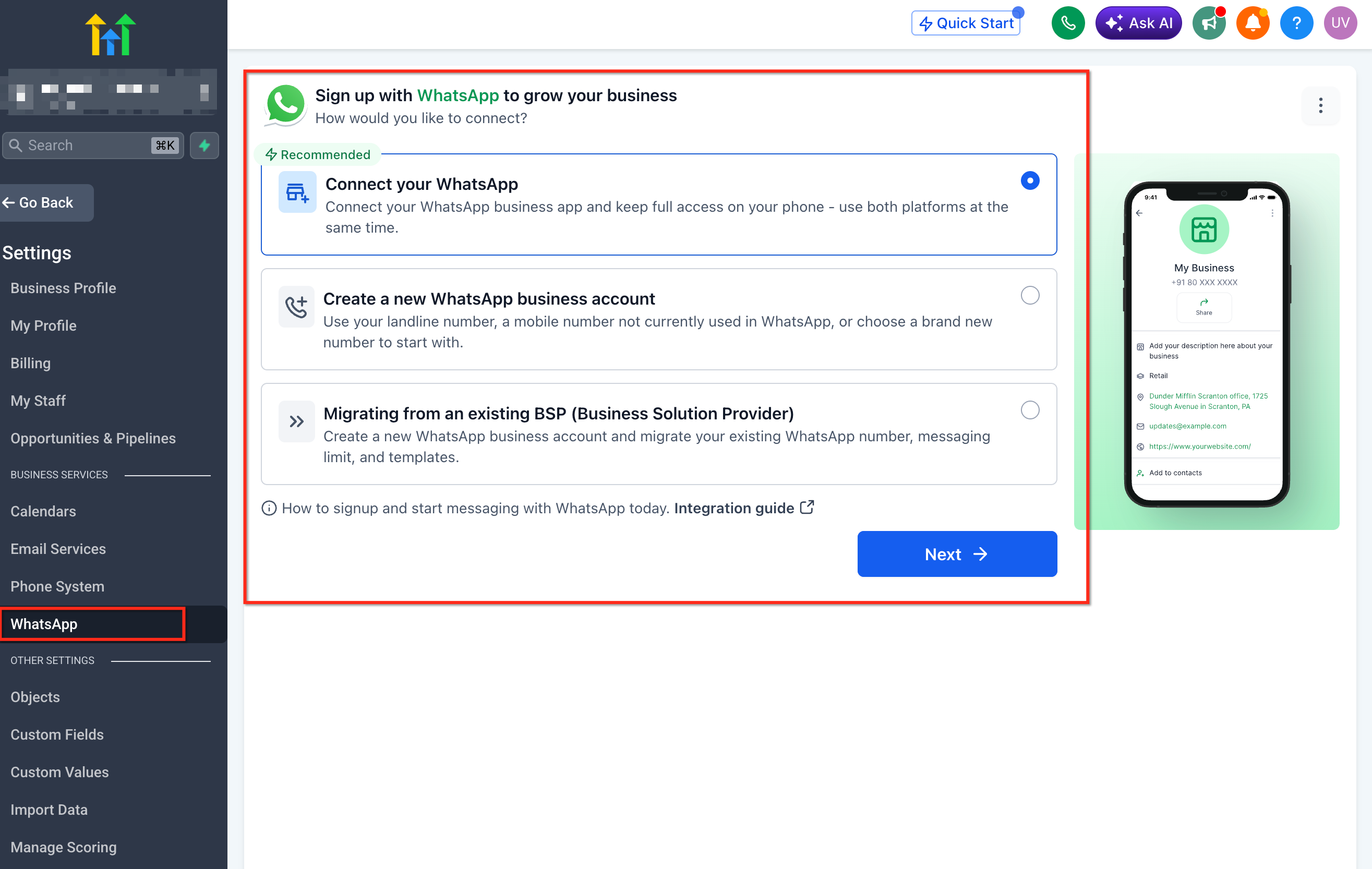 Reviewing available WhatsApp onboarding paths
