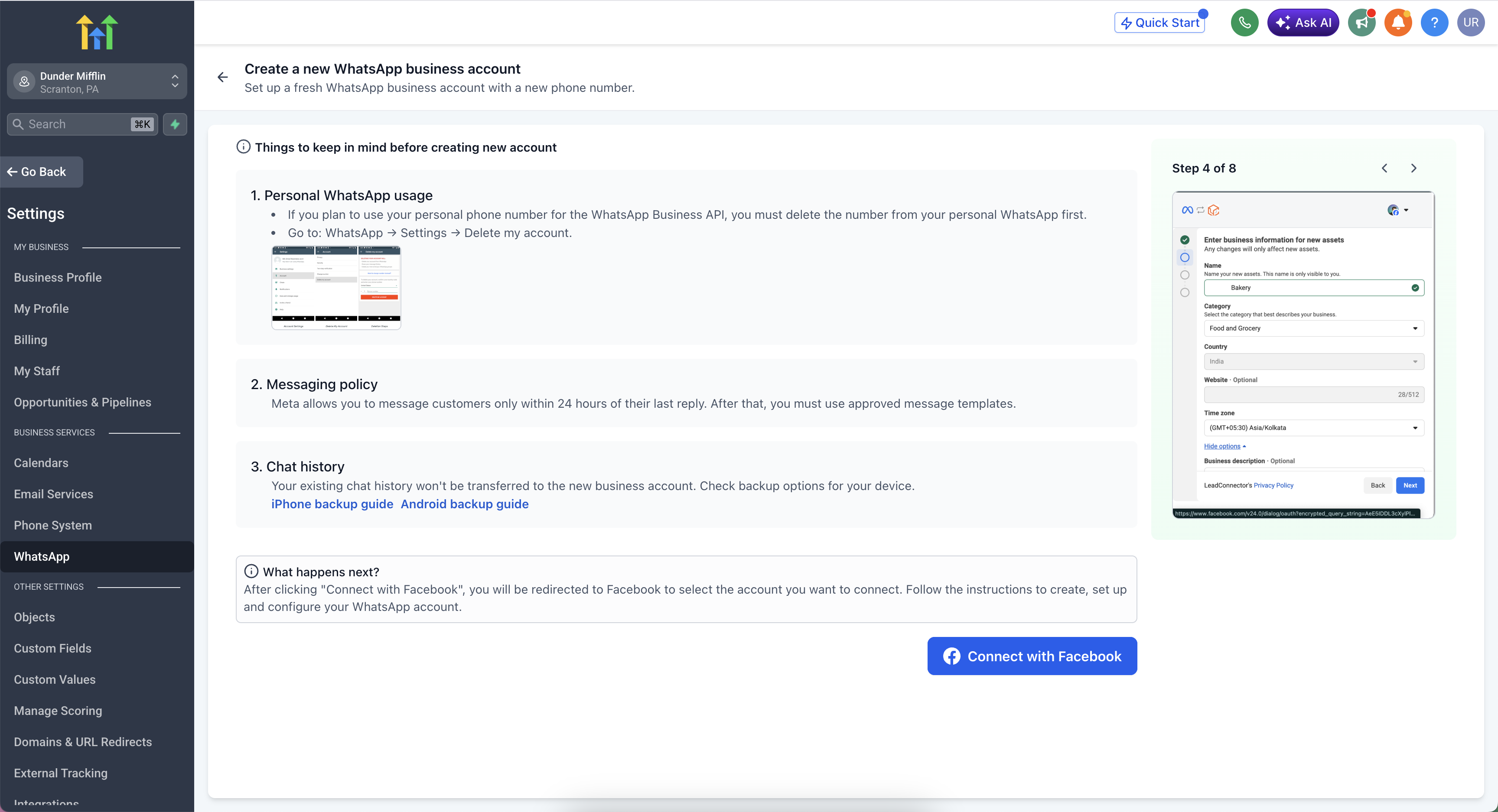 Selecting Create a New WhatsApp Business Account path
