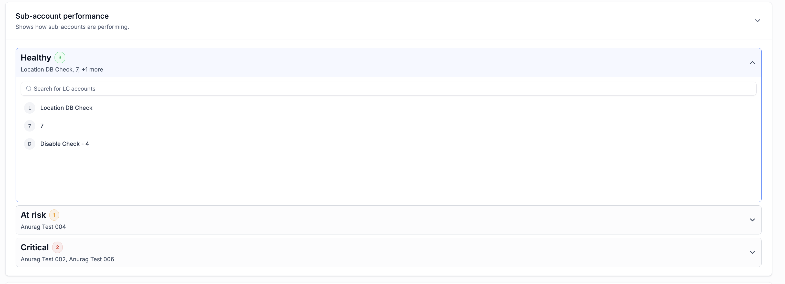 Sub-account performance expanded view showing location-level detail