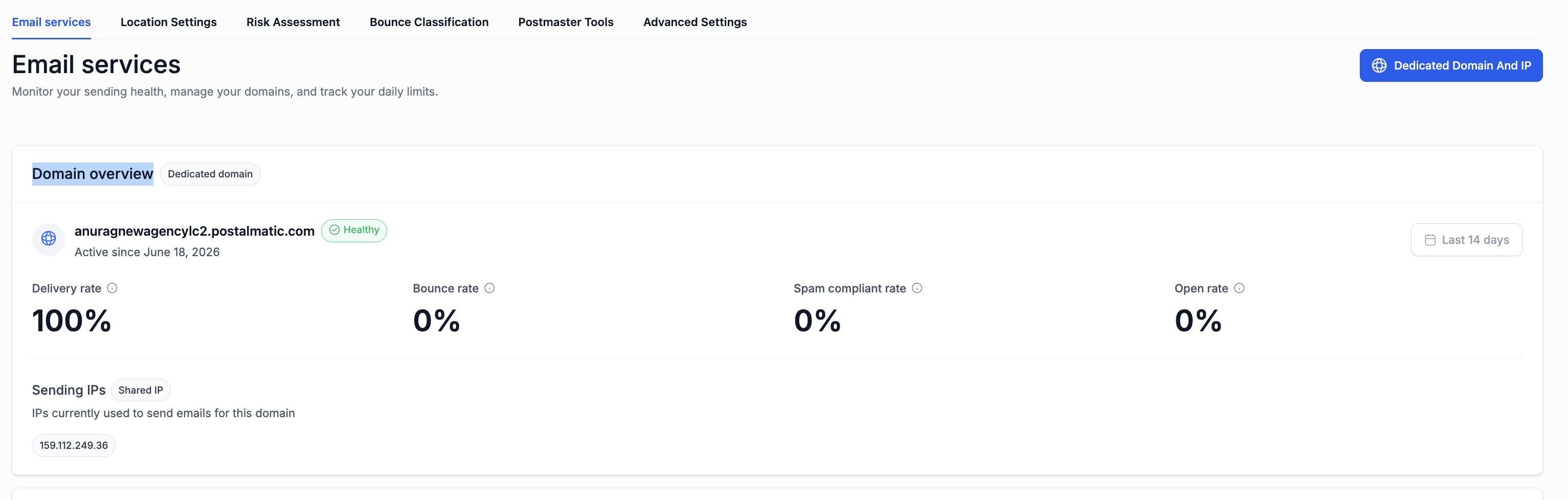 Domain overview metrics panel showing delivery rate, bounce rate, spam complaint rate, and open rate