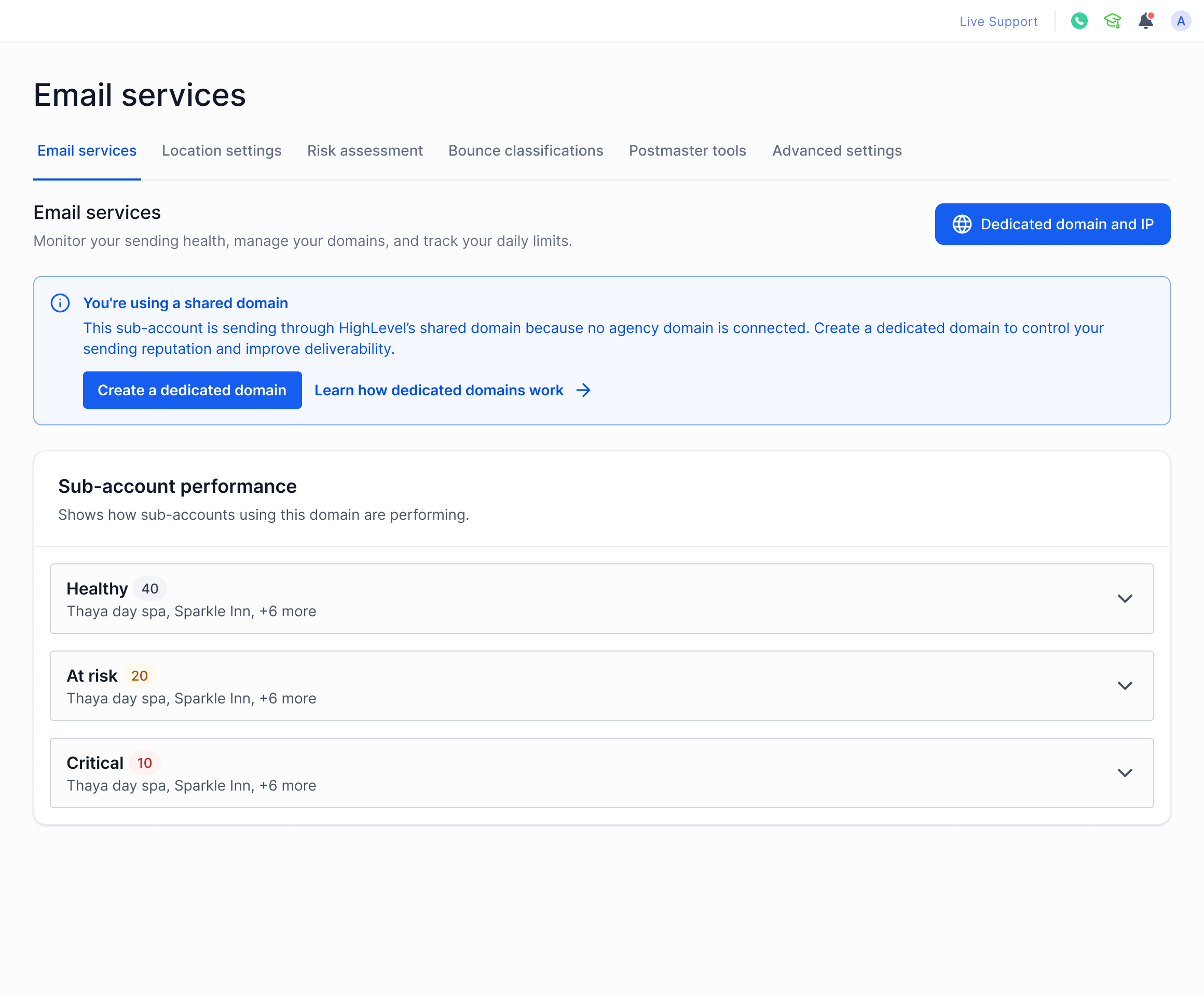 Shared domain state — aggregate health view across shared sending infrastructure