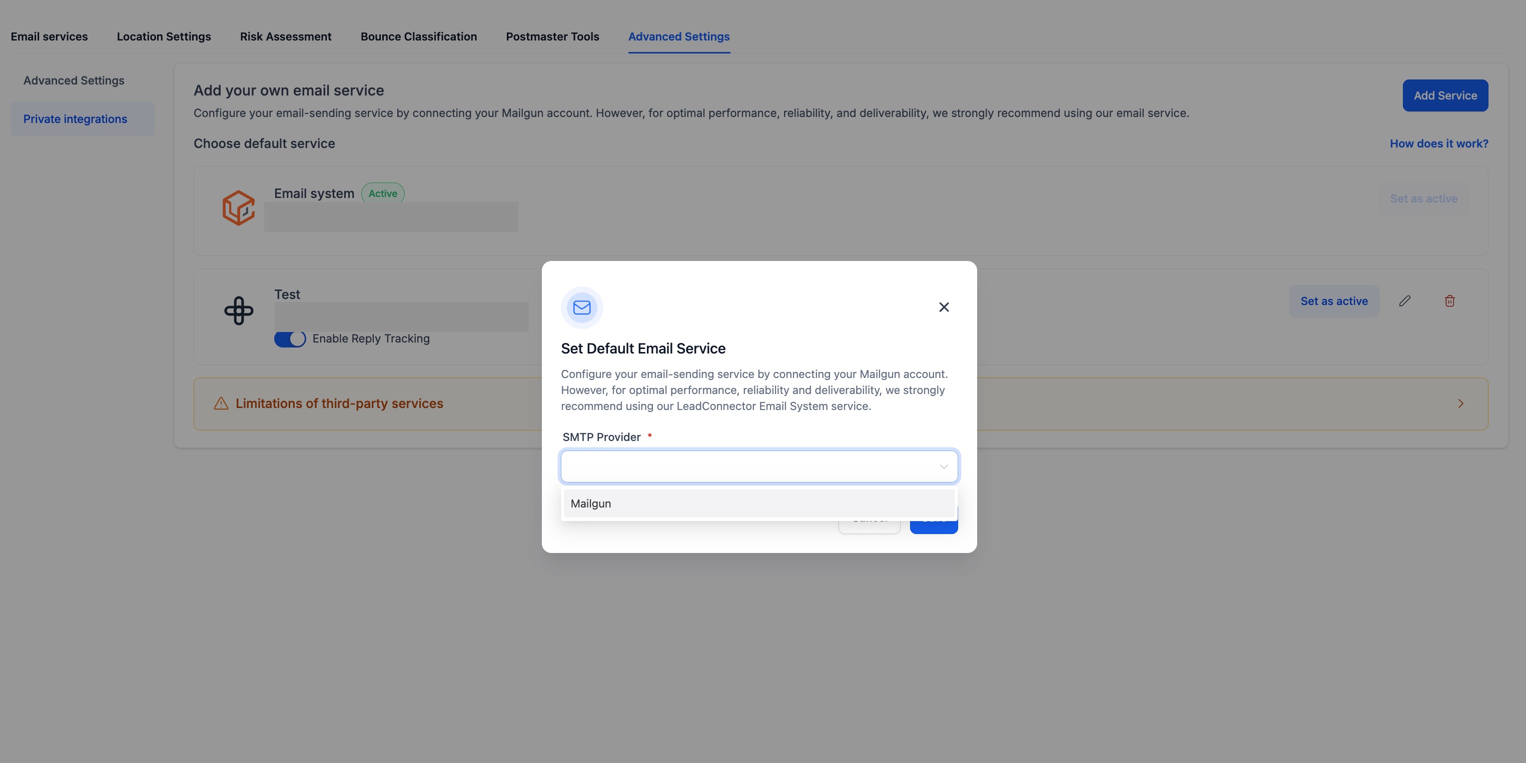 SMTP provider selection screen showing Mailgun option
