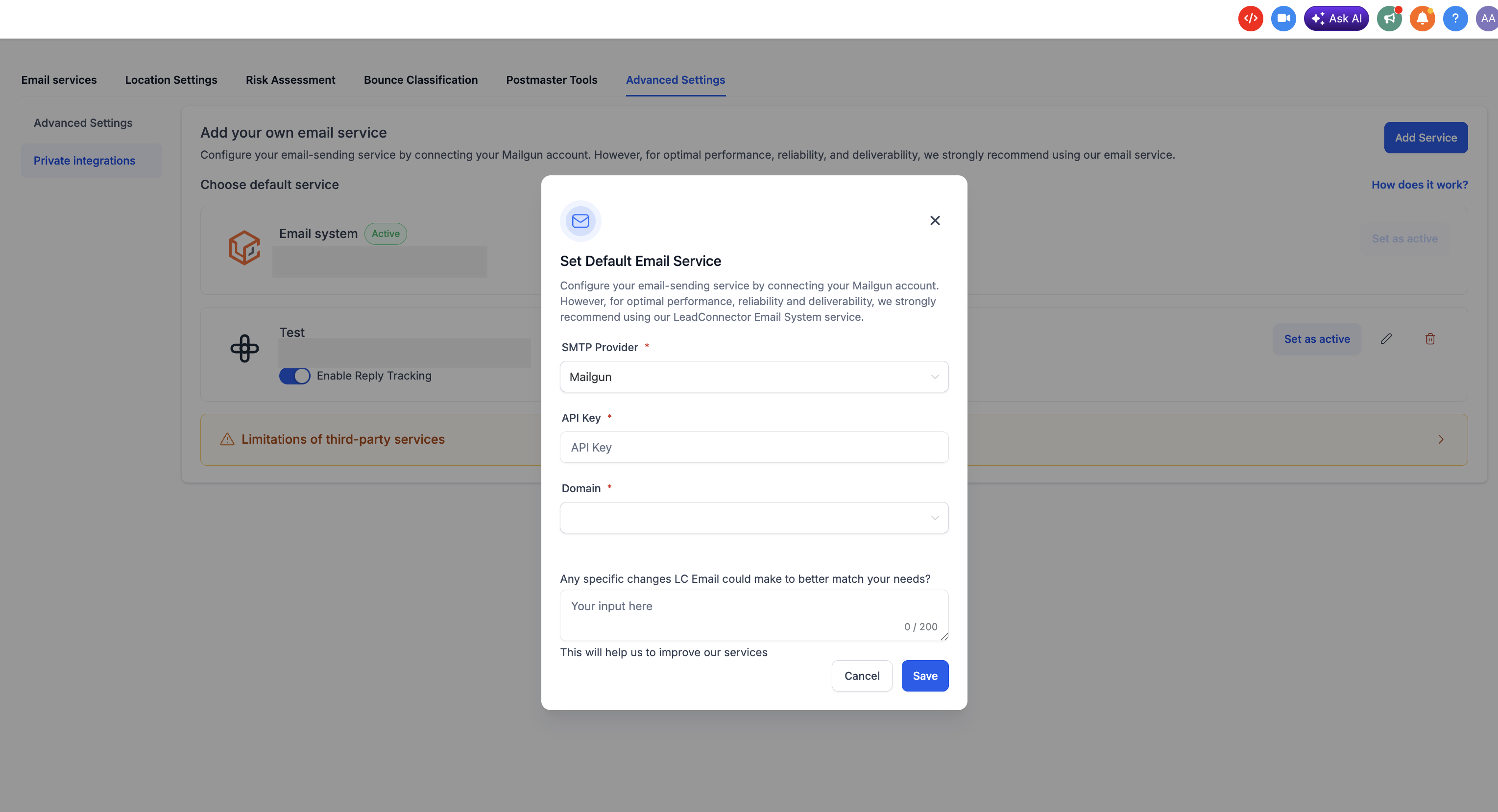 Mailgun credential form showing API Key and Domain fields