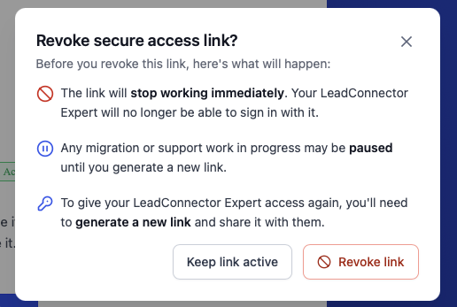 Revoke secure access link confirmation window