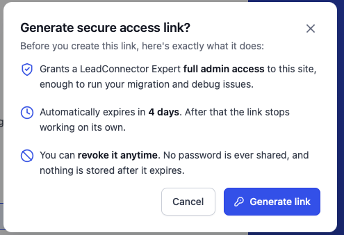 Generate secure access link confirmation window