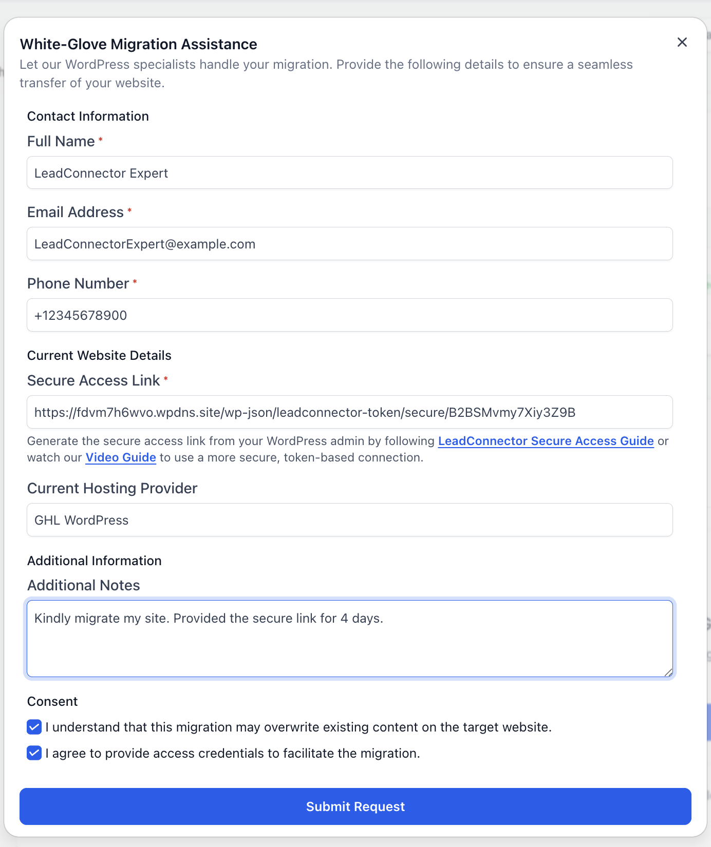 White-Glove Migration form with the link pasted