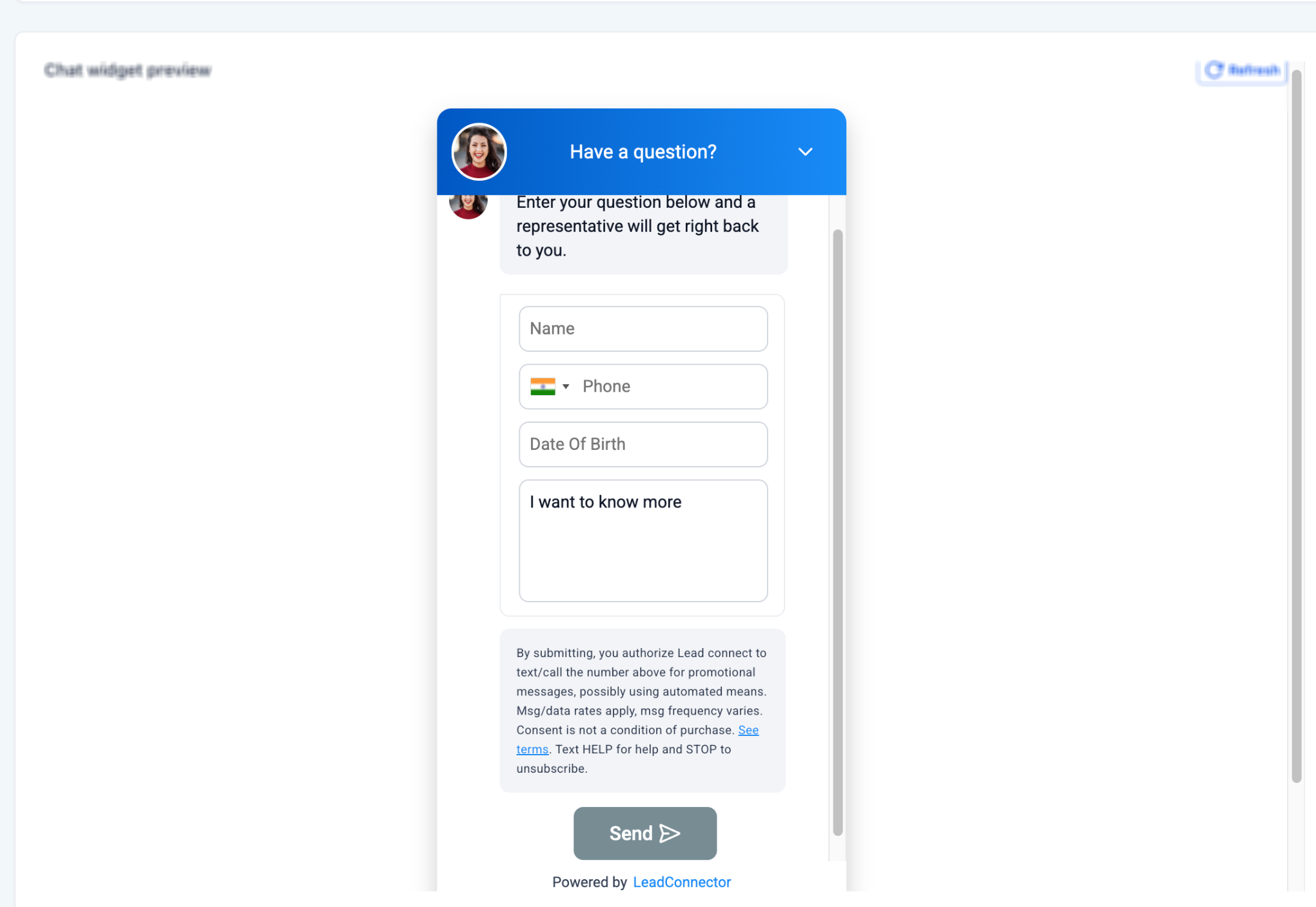 Auto-generated chat widget code with compliance disclosures embedded