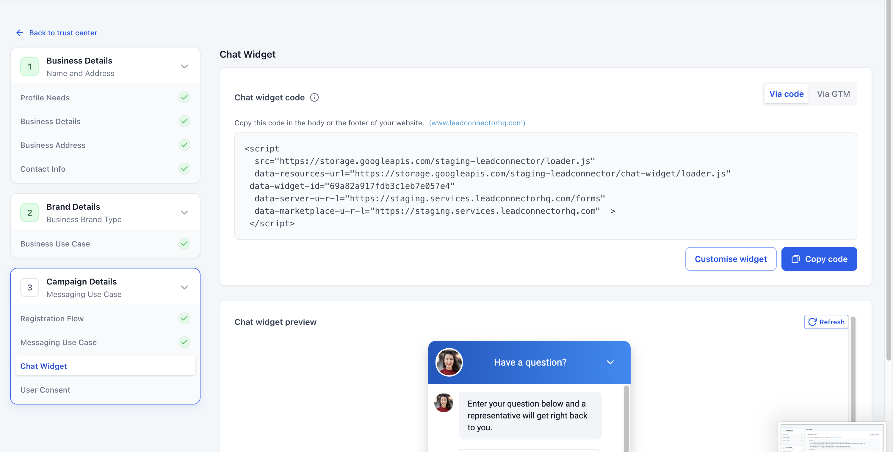 User consent screen with compliance checklist and sample message fields