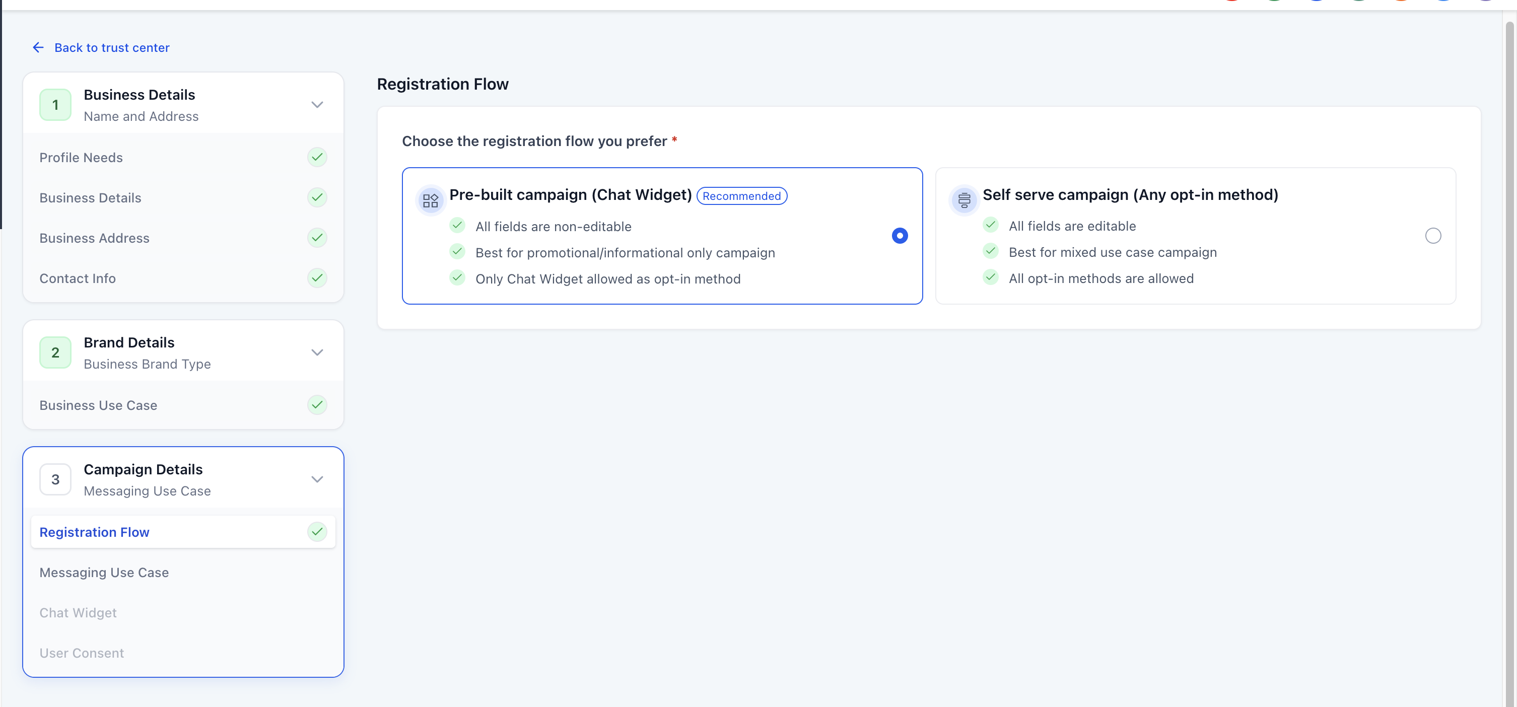 Pre-built campaign registration flow selection showing Chat Widget as recommended option