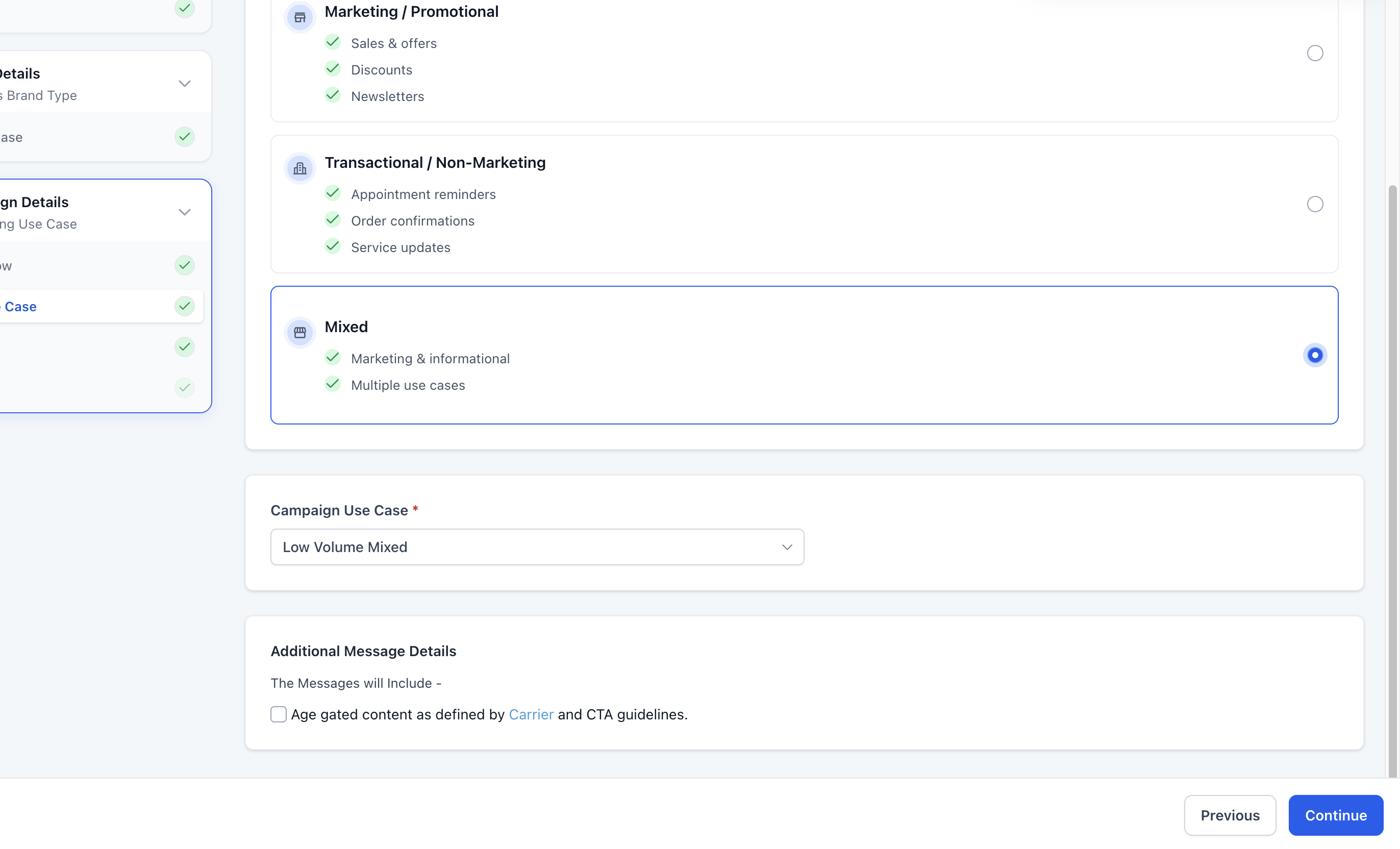 Mixed messaging use case selected with Low Volume Mixed automatically assigned as the Campaign Use Case