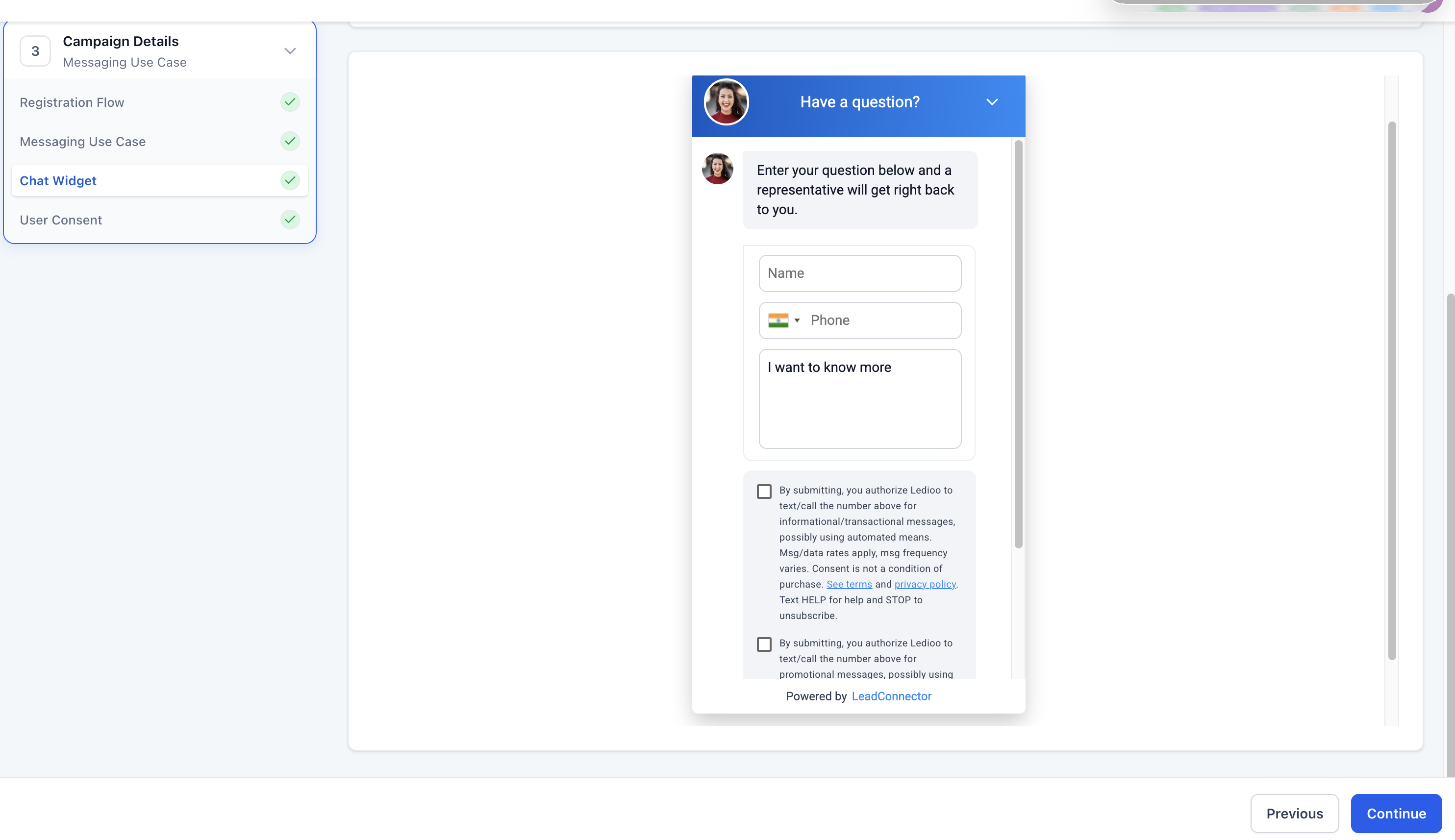 Generated Mixed Chat Widget showing separate informational and promotional SMS consent checkboxes