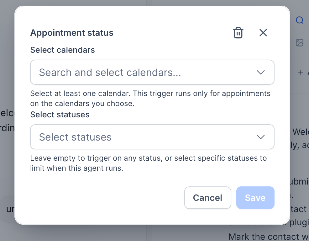Trigger configuration panel highlighting multi-select calendar and optional status filters