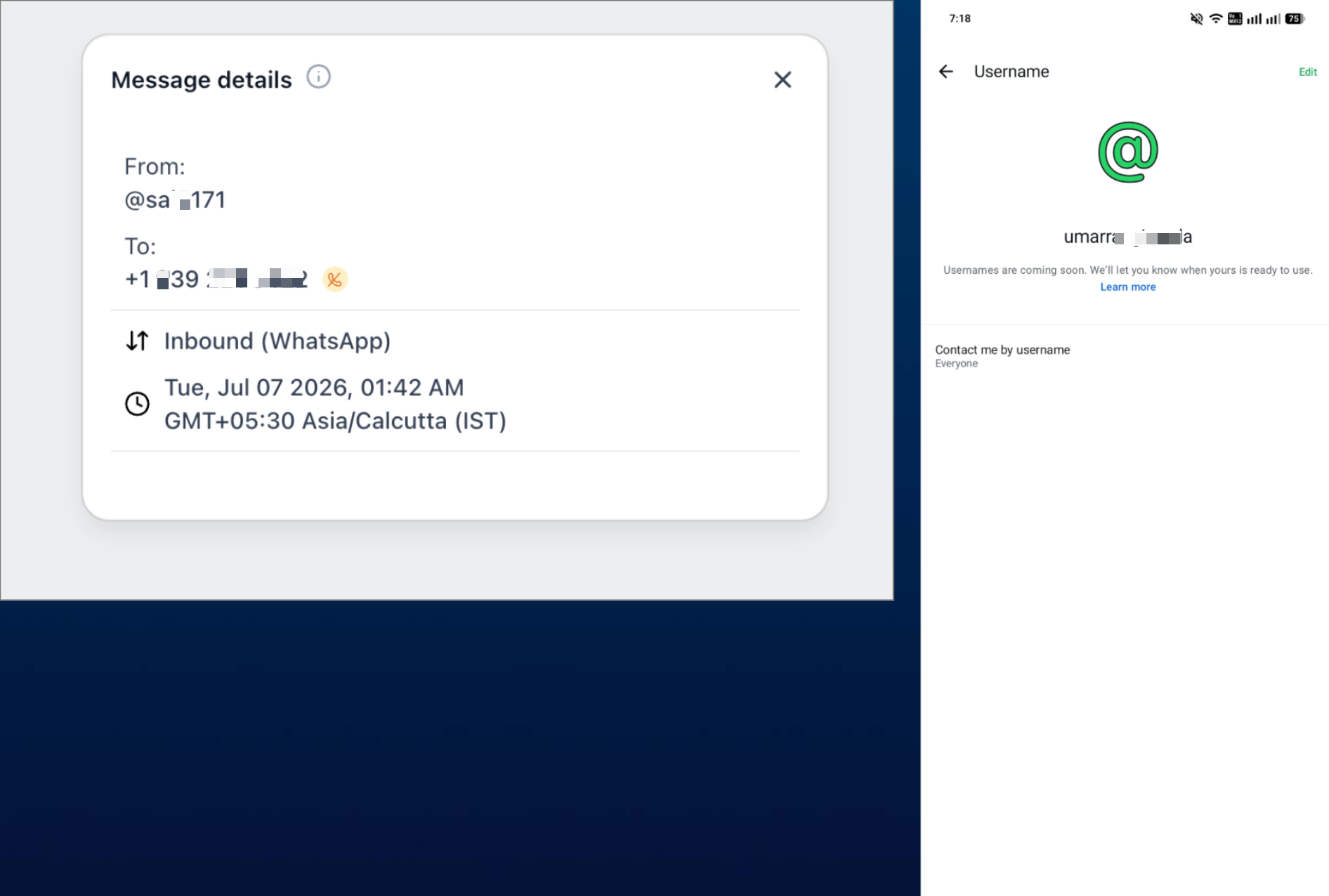 Contact record created from a WhatsApp username message