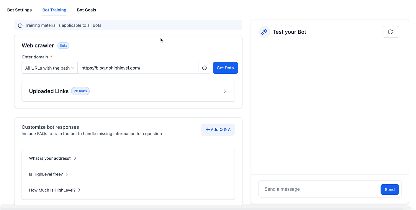 Web Crawler retrieving website pages after Get Data is selected.