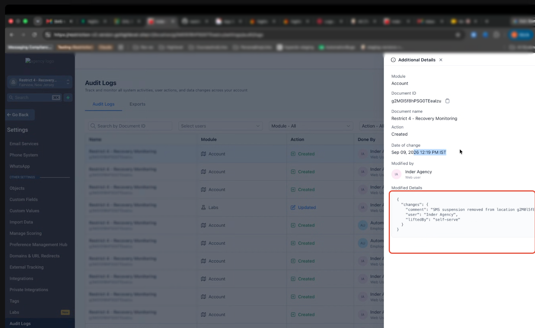 Audit log entry created when a restriction is lifted early