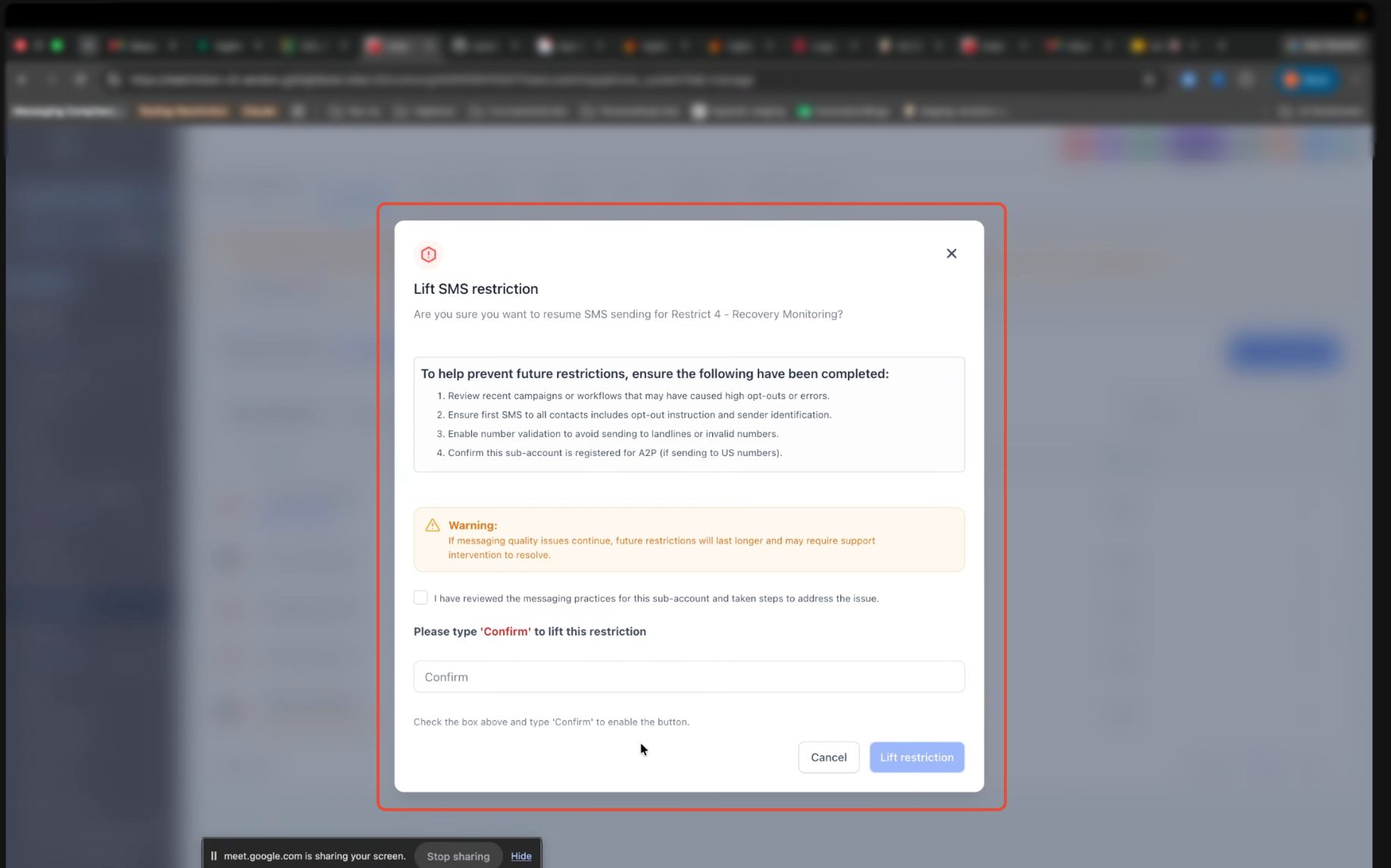 Self-lift confirmation dialog