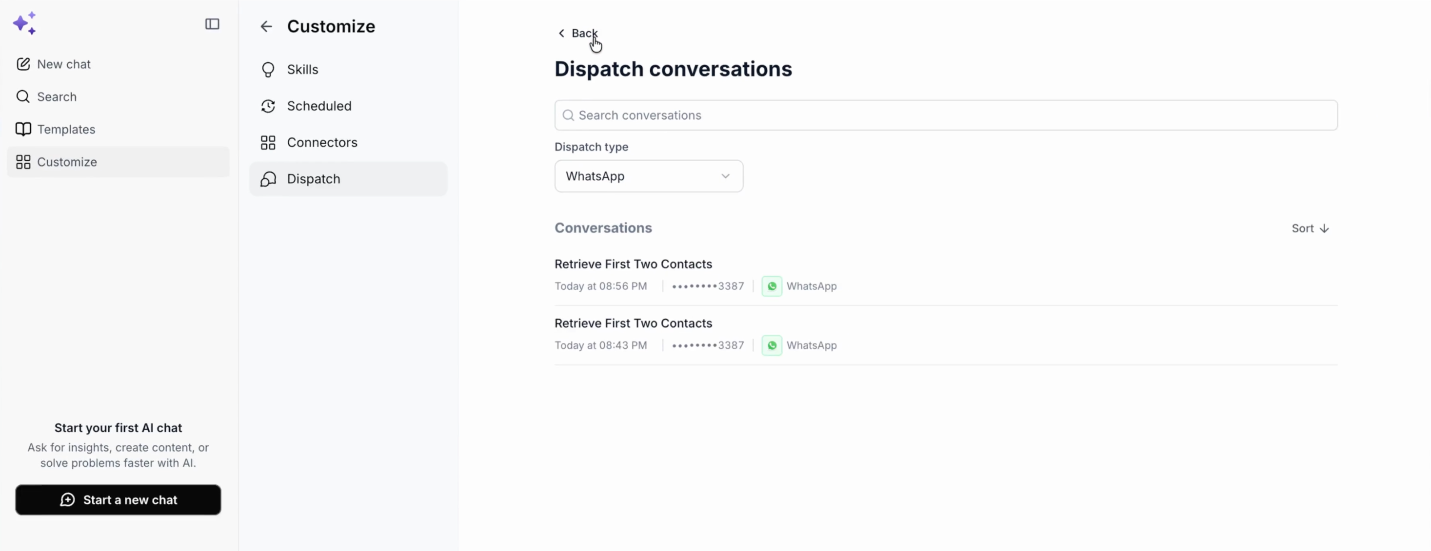 Dispatch conversations page with search, dispatch type, and sort controls