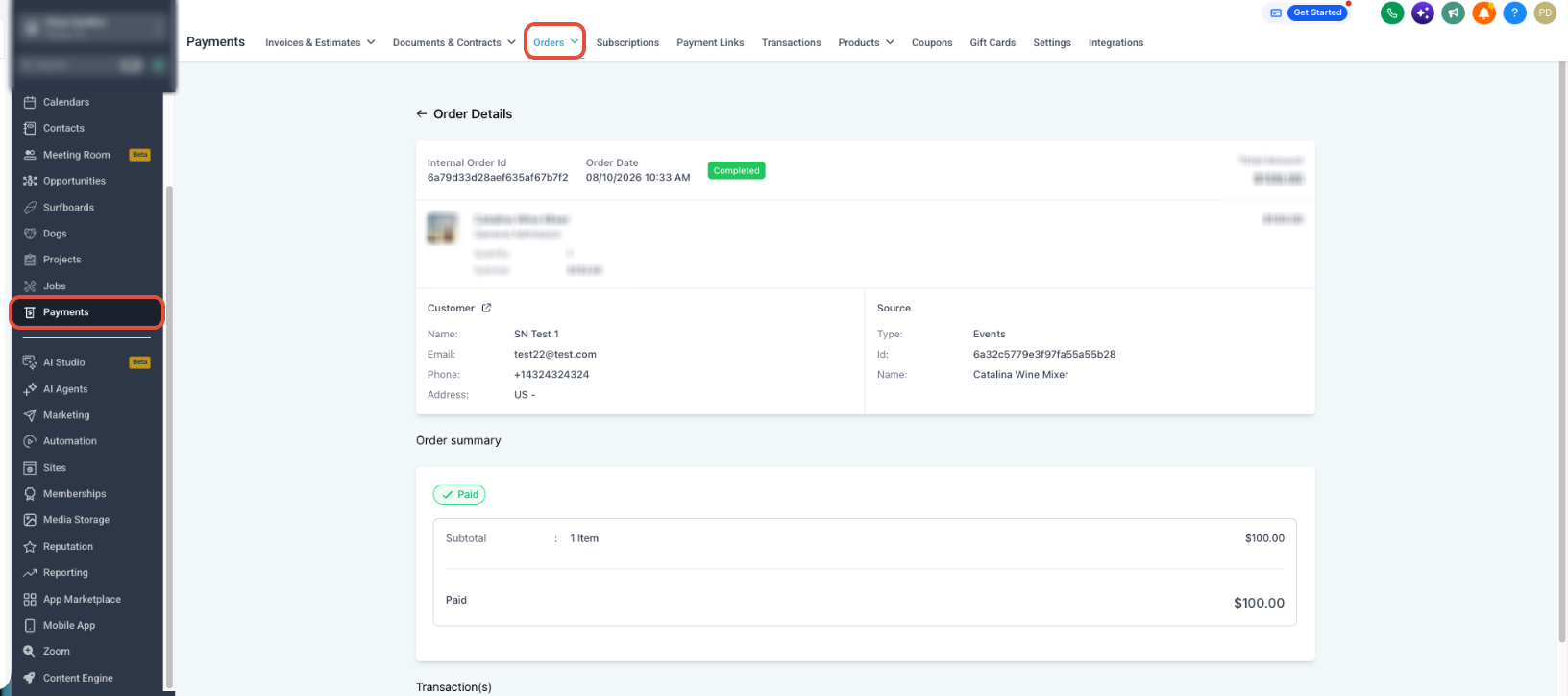 Order details showing Pickup in Store information after purchase
