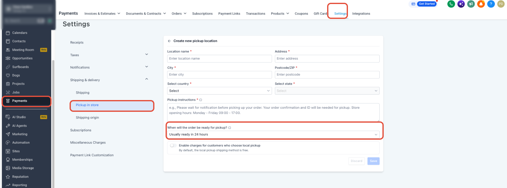 Ecommerce checkout showing Pickup in Store as the selected fulfillment method