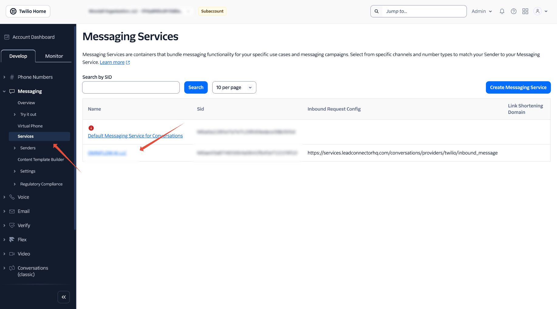 Messaging Services list in the Twilio Console