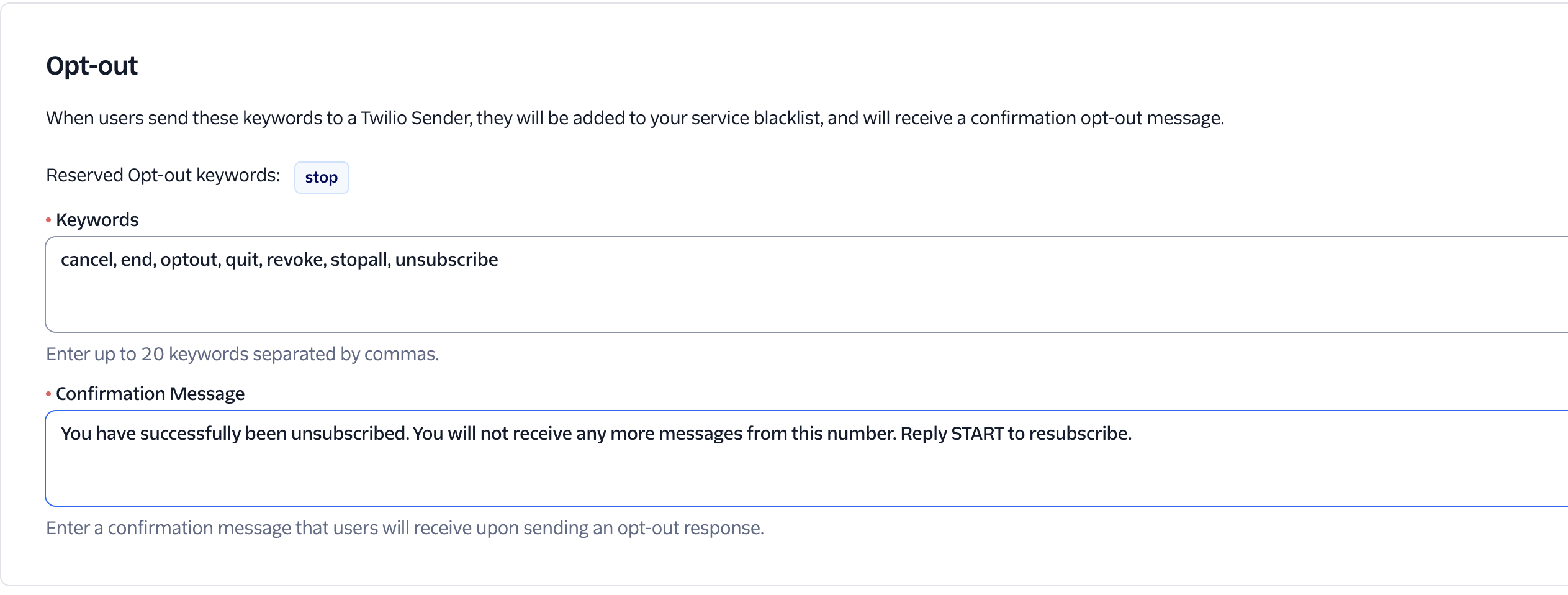 Opt-Out keyword configuration