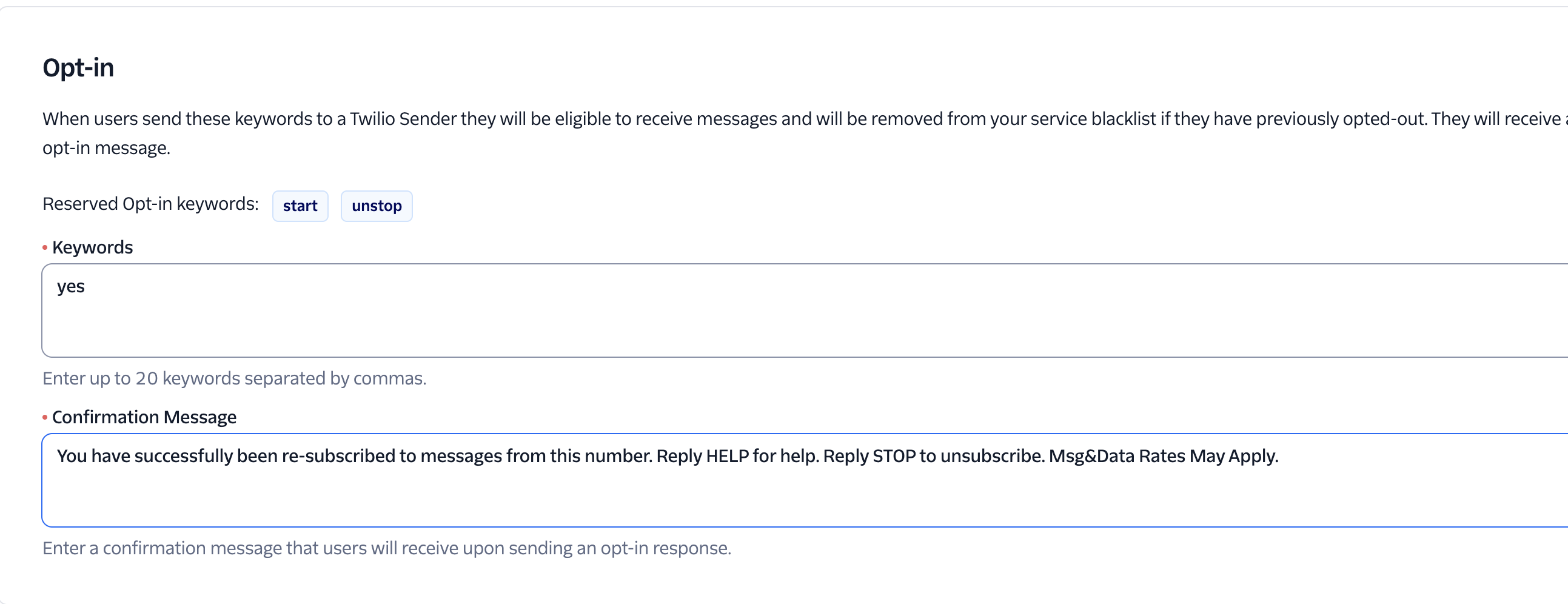 Opt-In keyword configuration
