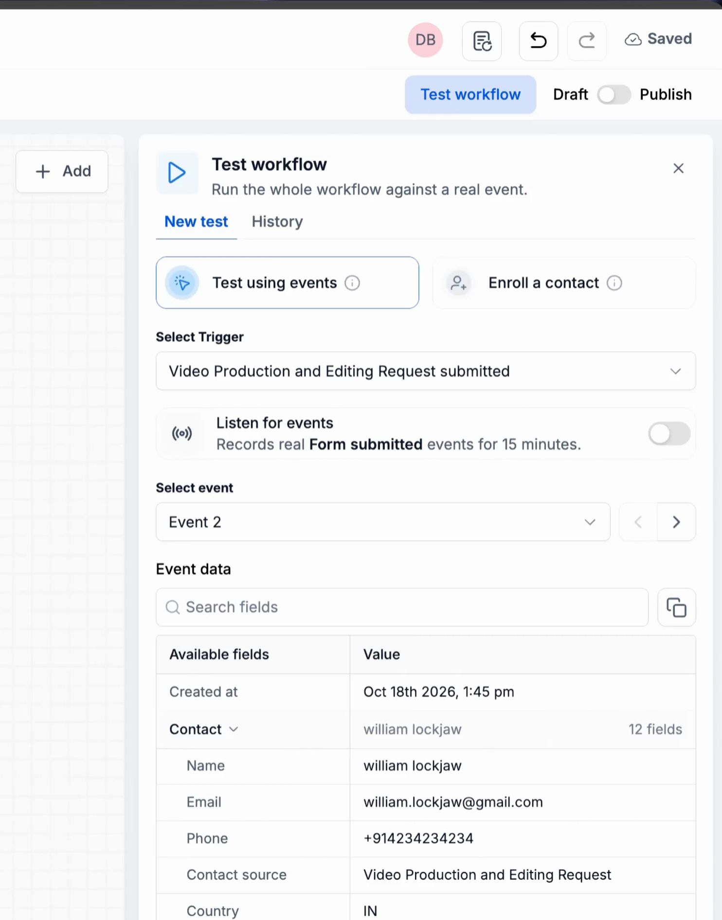 The Test workflow panel with the trigger and event selected