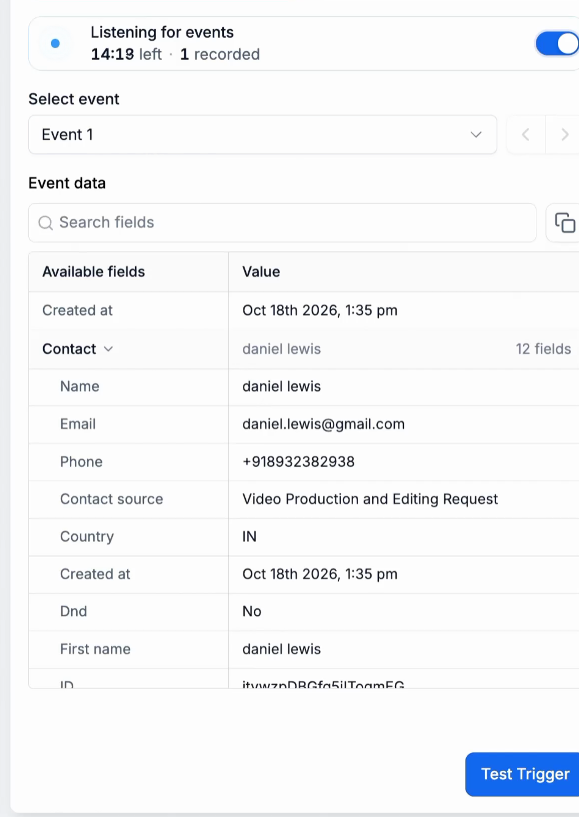 A recorded event and its event data